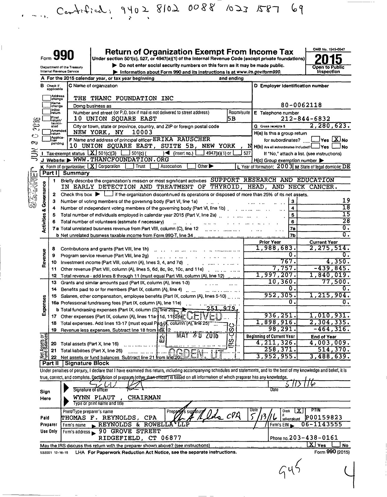 Image of first page of 2015 Form 990 for The Thanc Foundation