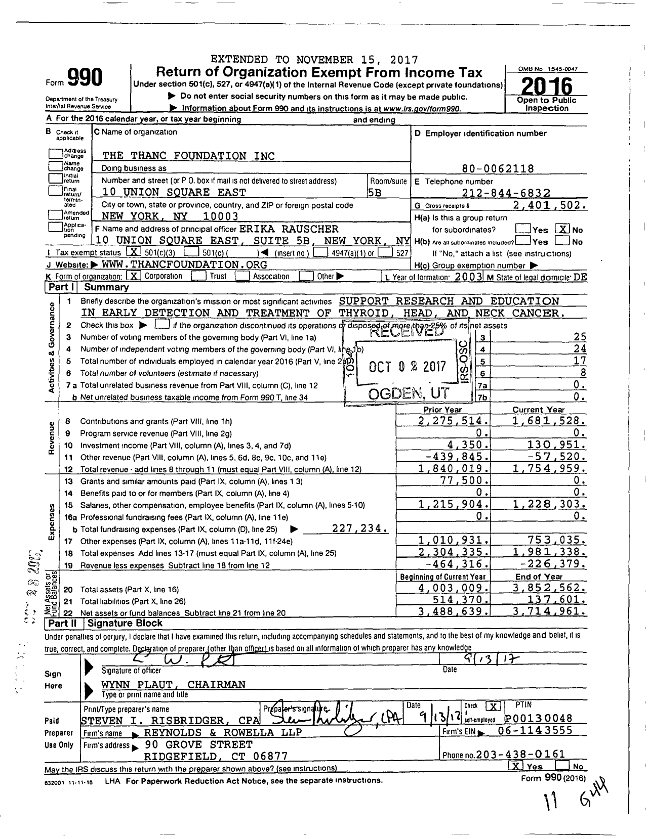 Image of first page of 2016 Form 990 for The Thanc Foundation