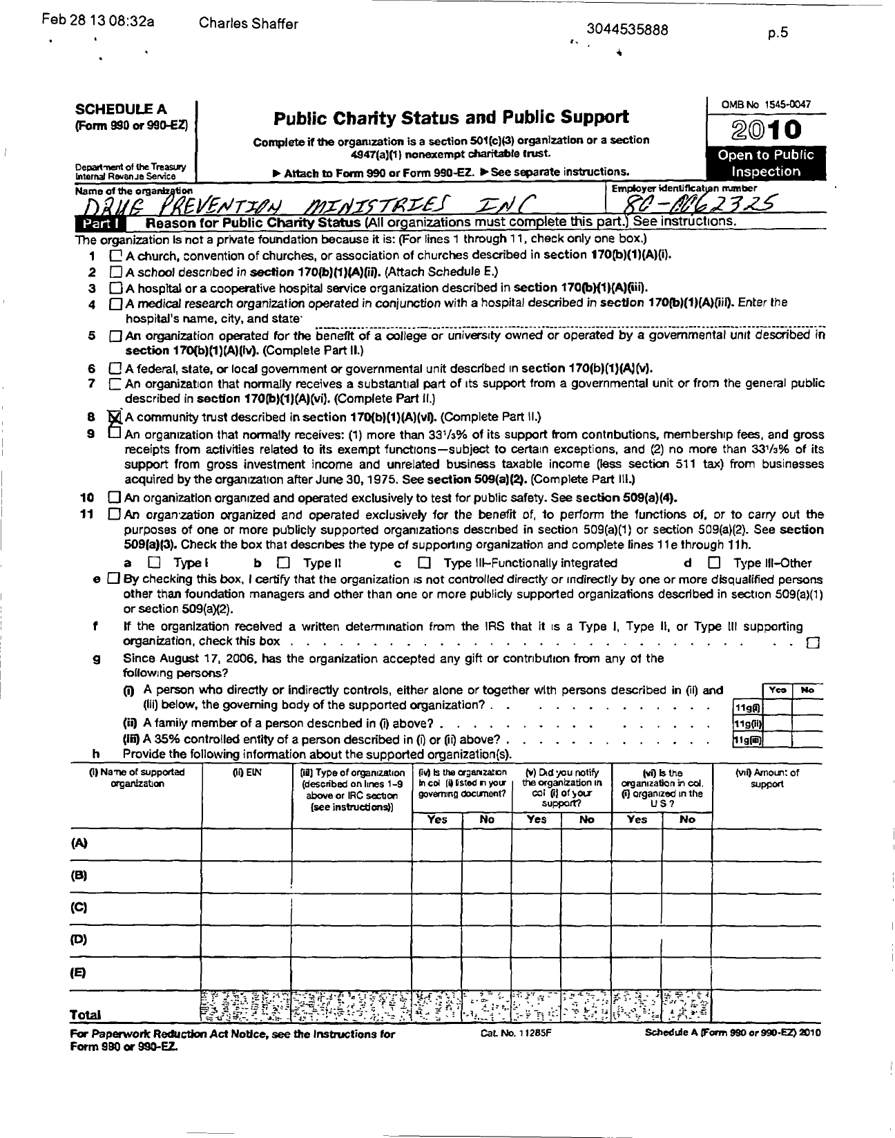 Image of first page of 2010 Form 990ER for Drug Prevention Ministries