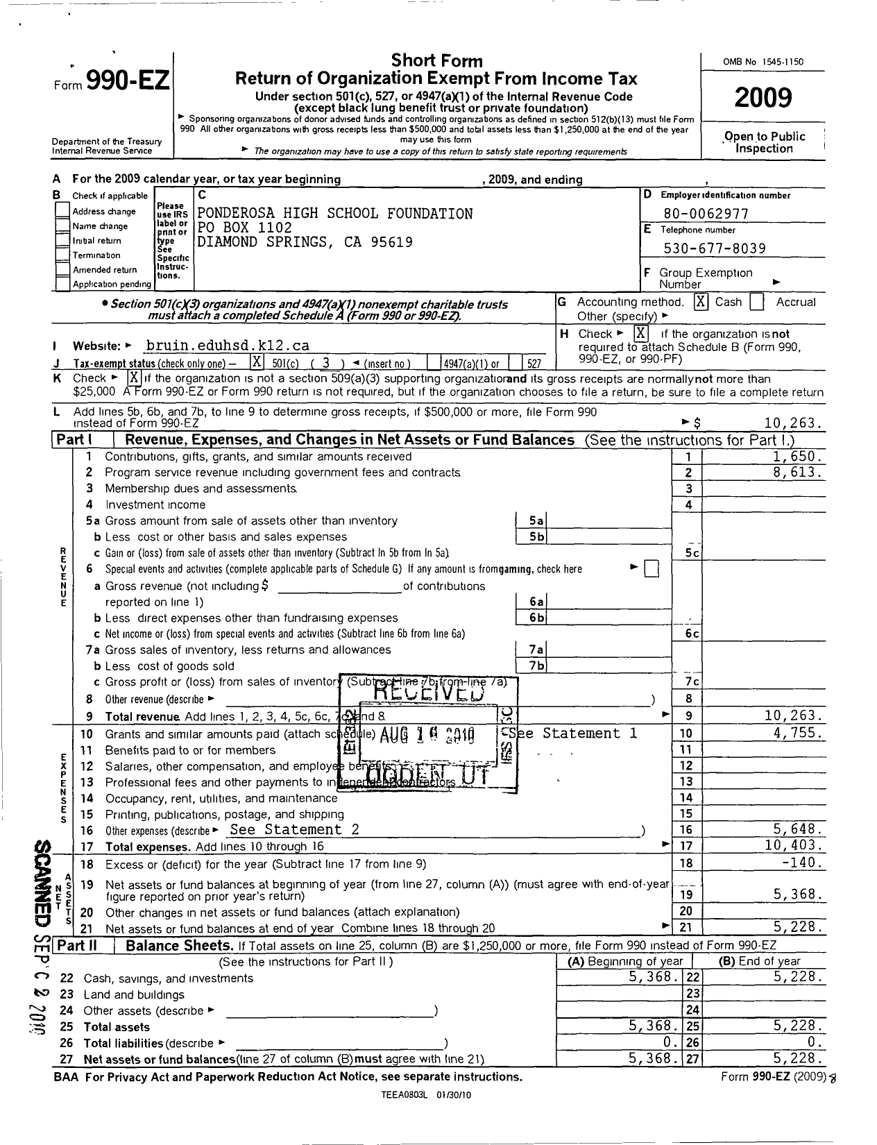 Image of first page of 2009 Form 990EZ for Ponderosa High School Foundation