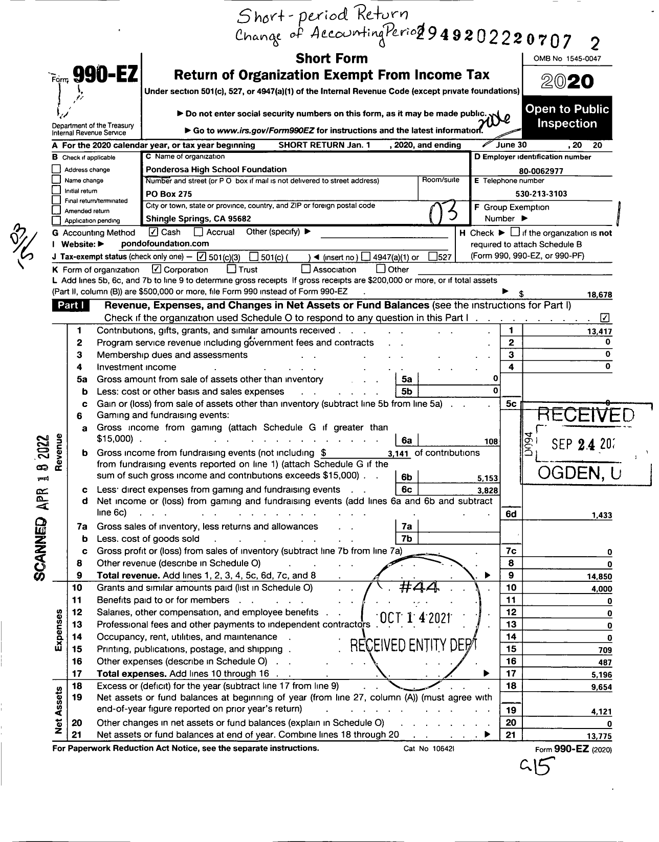 Image of first page of 2019 Form 990EZ for Ponderosa High School Foundation