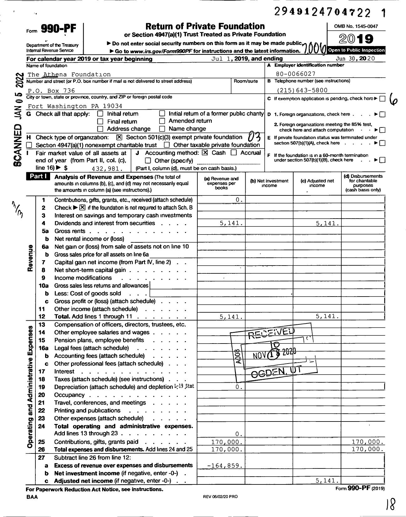 Image of first page of 2019 Form 990PF for The Athena Foundation