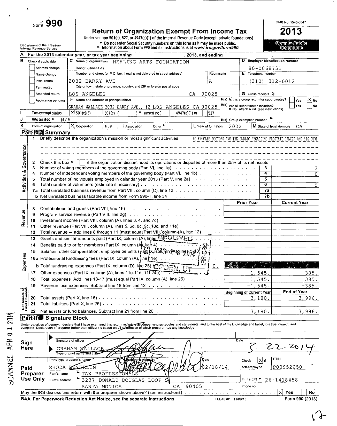 Image of first page of 2013 Form 990 for Healing Arts Education Foundation A California Public Benefit Corporation