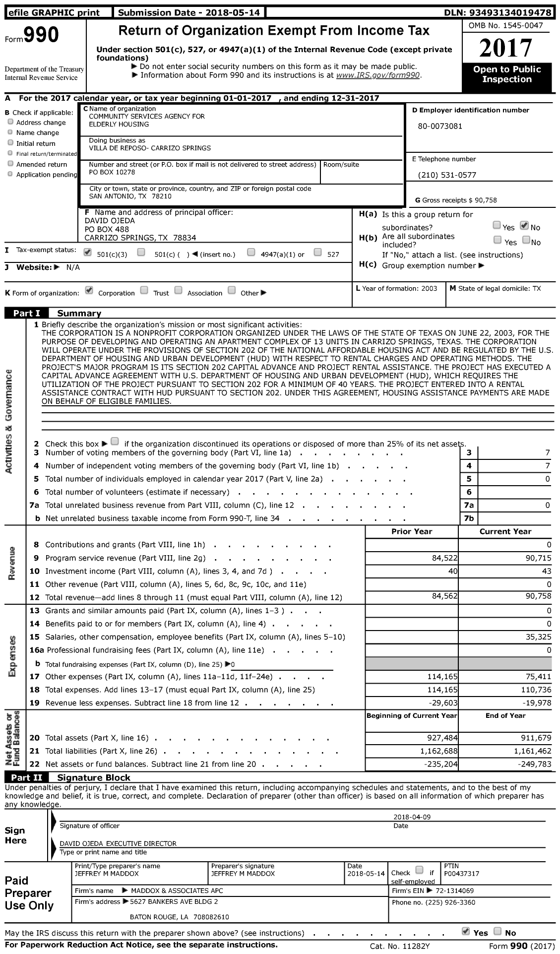 Image of first page of 2017 Form 990 for Villa de Reposo- Carrizo Springs