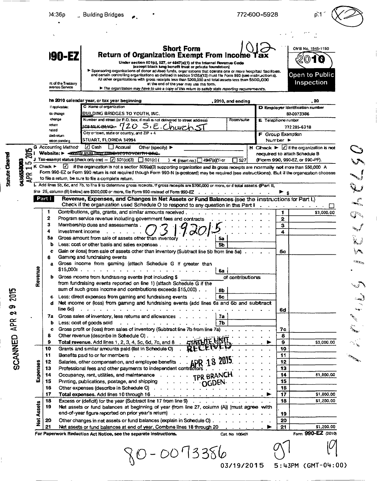 Image of first page of 2010 Form 990EZ for Building Bridges To Youth