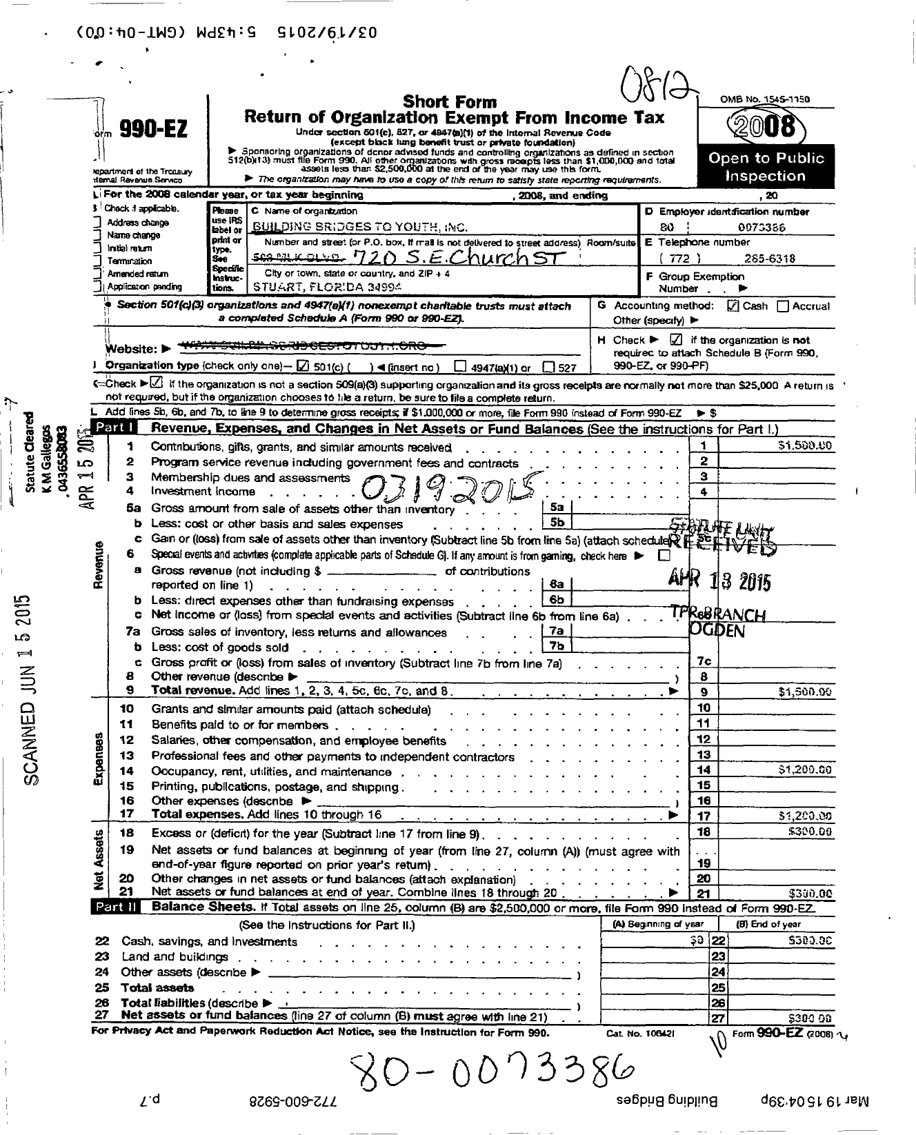 Image of first page of 2008 Form 990EO for Building Bridges To Youth