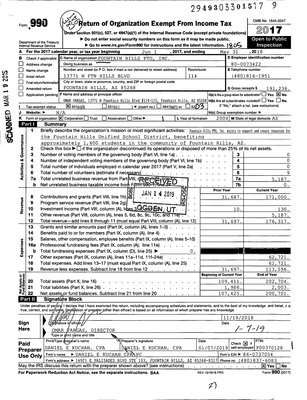 Image of first page of 2017 Form 990 for Fountain Hills Pto