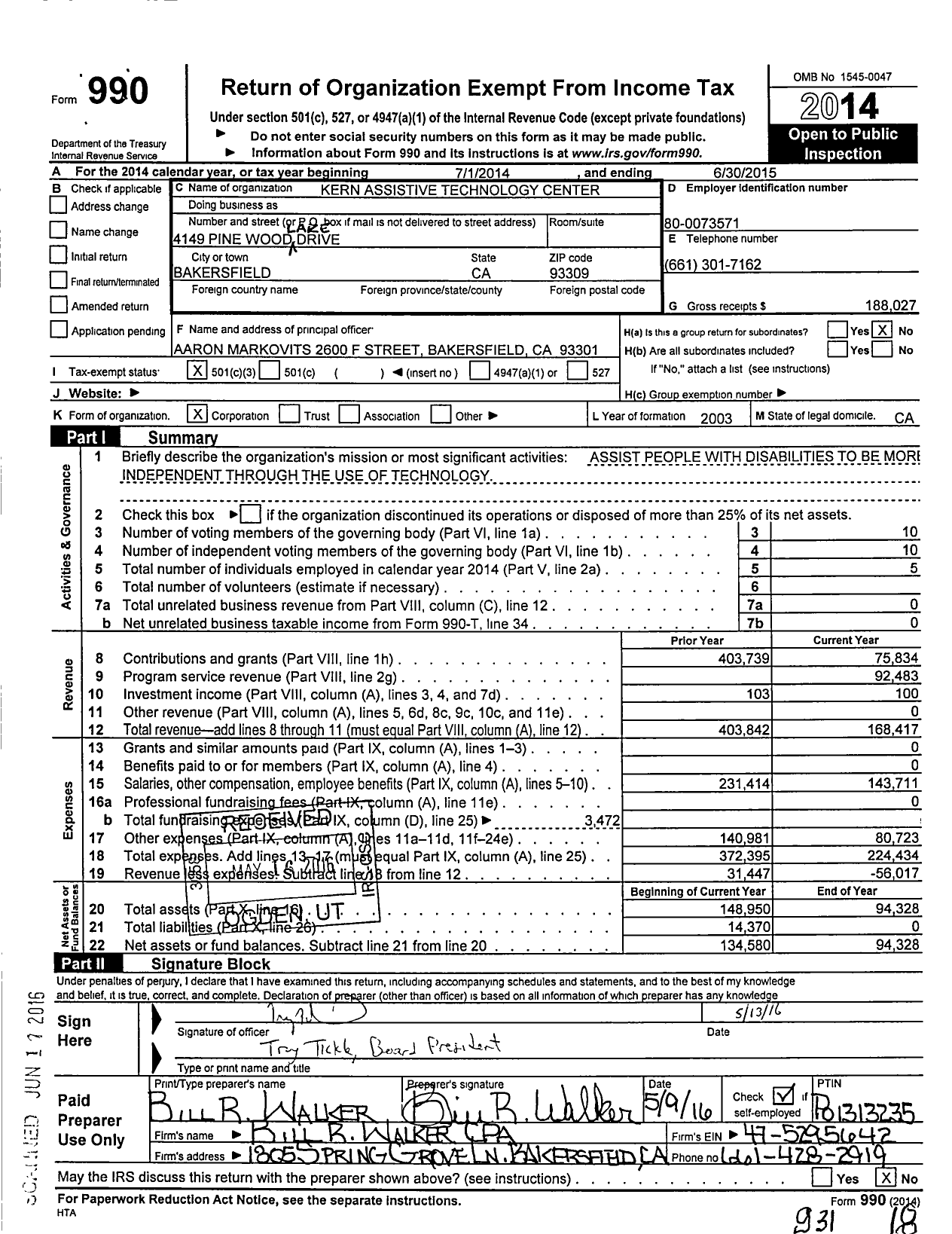 Image of first page of 2014 Form 990 for Kern Assistive Technology Center