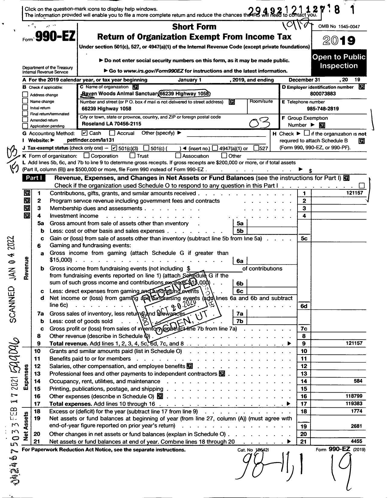 Image of first page of 2019 Form 990EZ for Raven Woods Animal Sanctuary