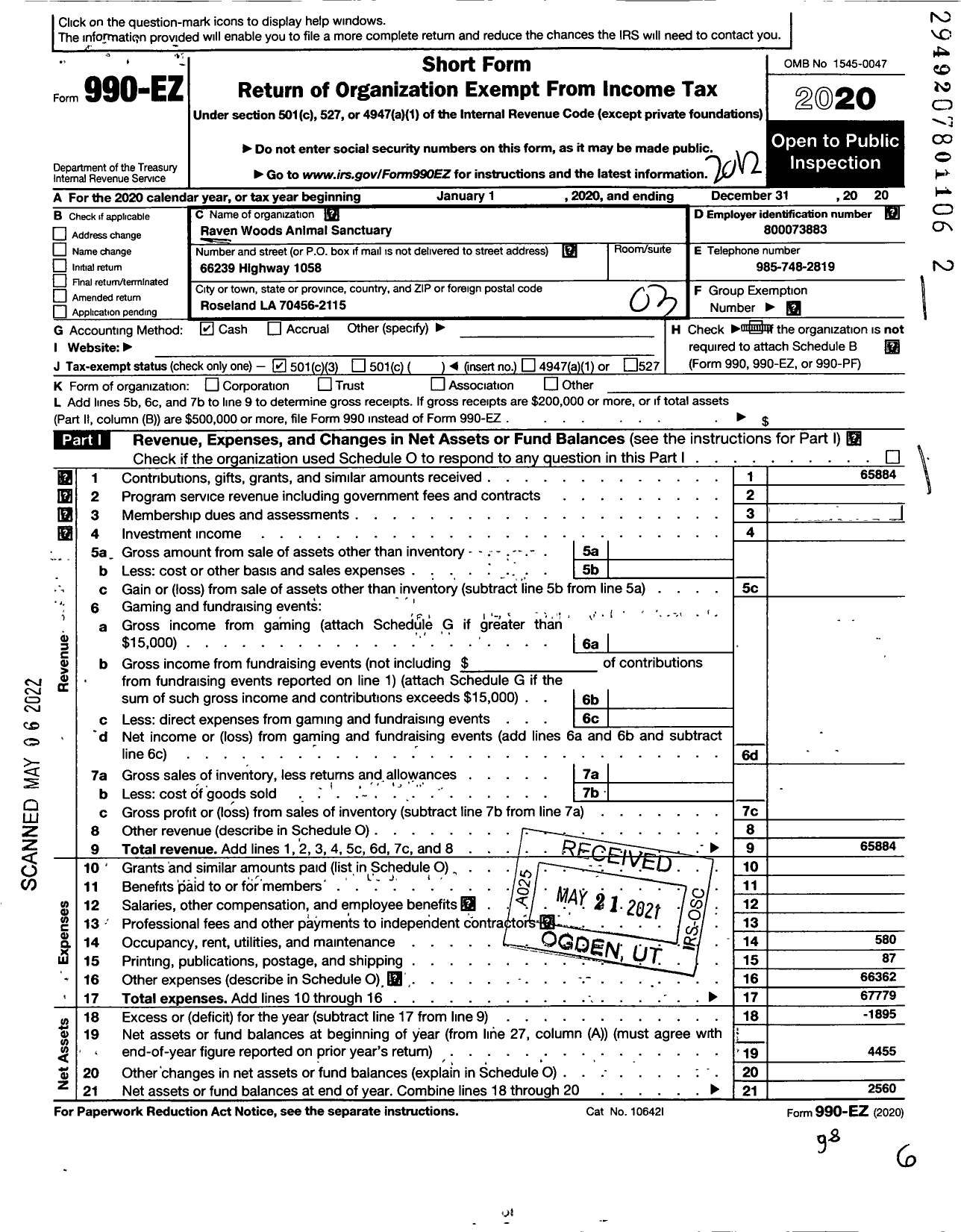 Image of first page of 2020 Form 990EZ for Raven Woods Animal Sanctuary