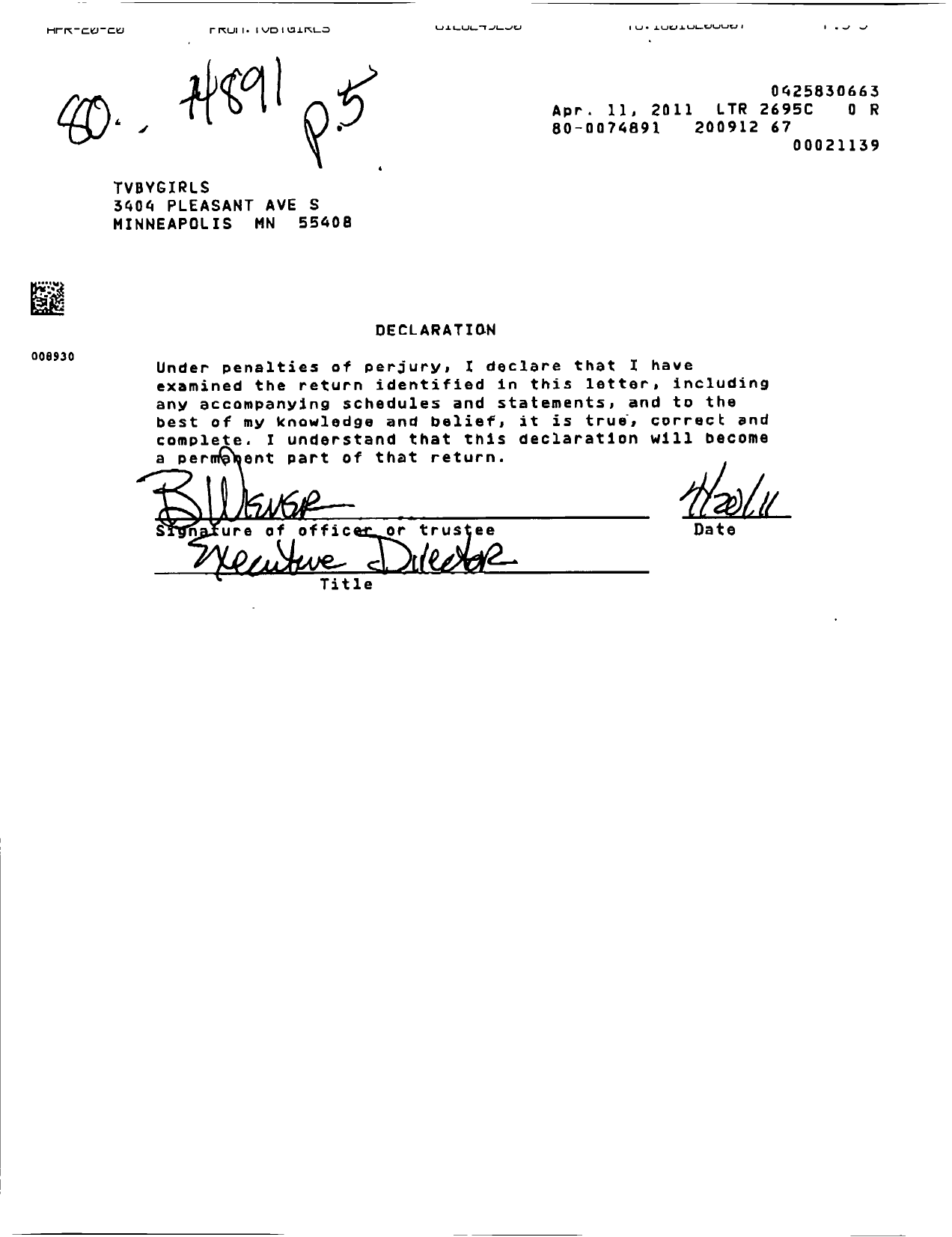 Image of first page of 2009 Form 990ER for TVbyGIRLS