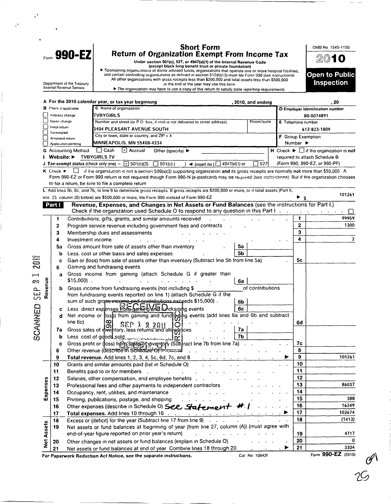 Image of first page of 2010 Form 990EZ for TVbyGIRLS