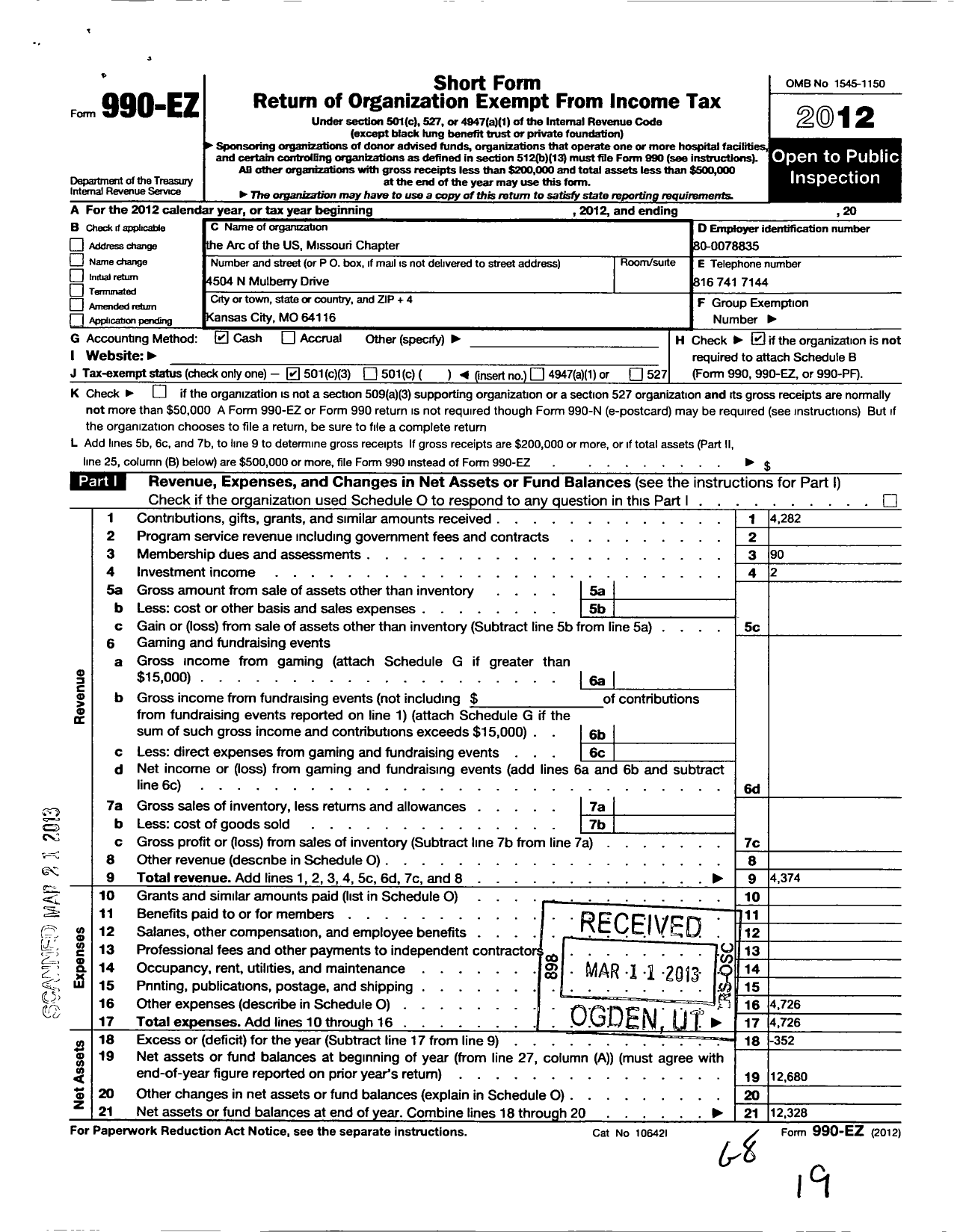 Image of first page of 2012 Form 990EZ for Arc of the United States Missouri Chapter