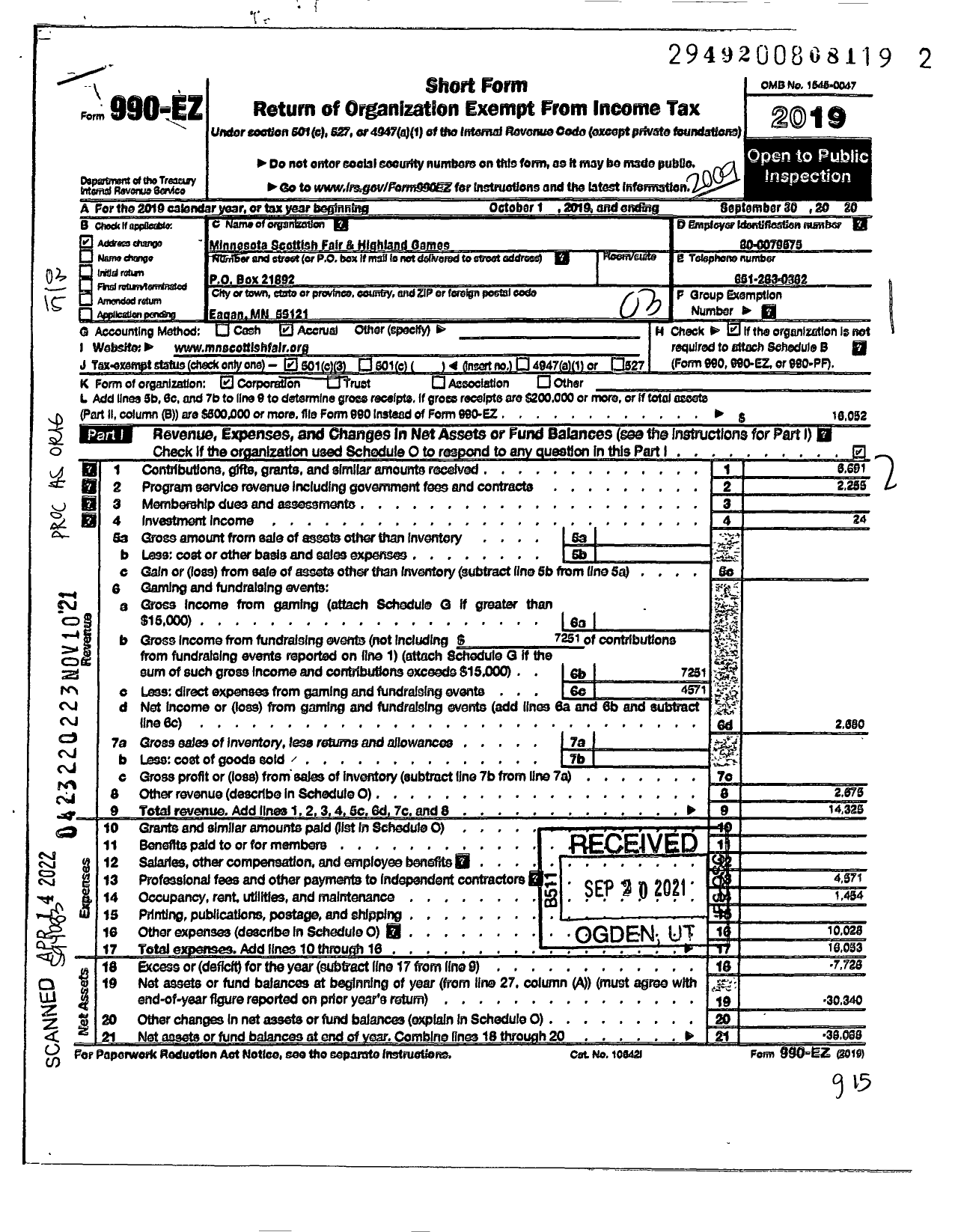 Image of first page of 2019 Form 990EZ for Minnesota Scottish Fair and Highland Games