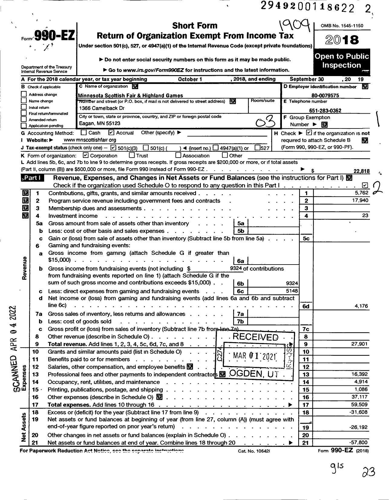 Image of first page of 2018 Form 990EZ for Minnesota Scottish Fair and Highland Games