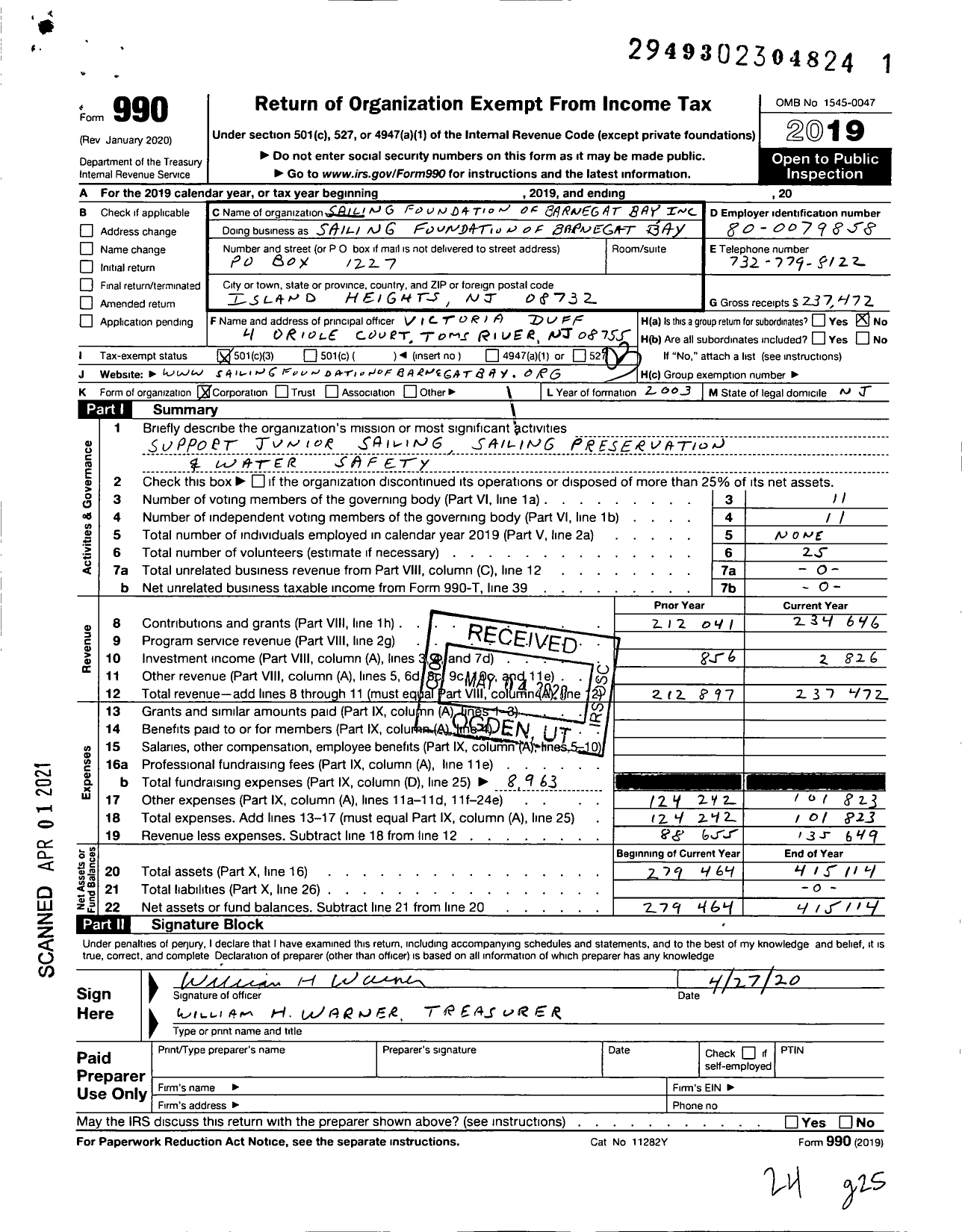 Image of first page of 2019 Form 990 for Sailing Foundation of Barnegat Bay