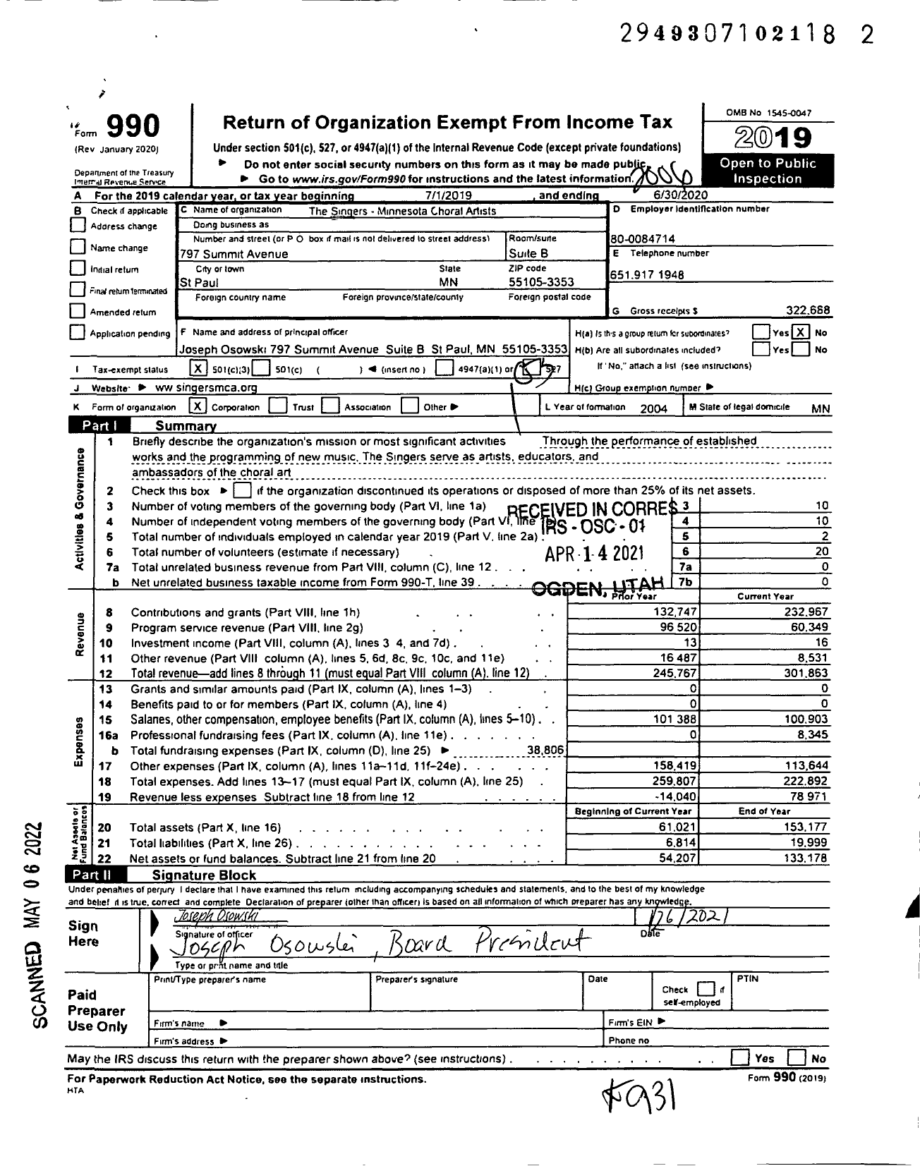 Image of first page of 2019 Form 990 for Singers Minnesota Choral Artists