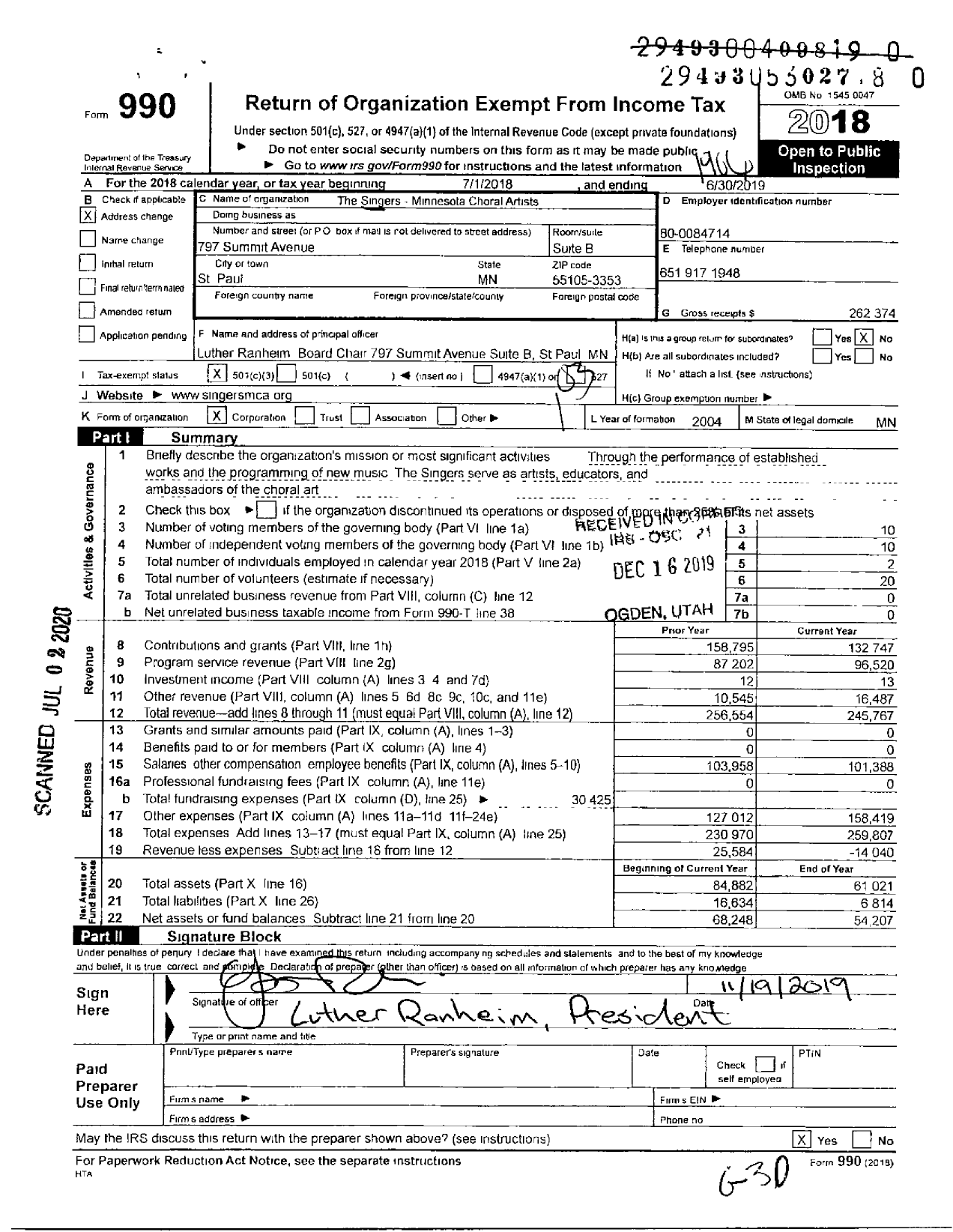 Image of first page of 2018 Form 990 for Singers Minnesota Choral Artists