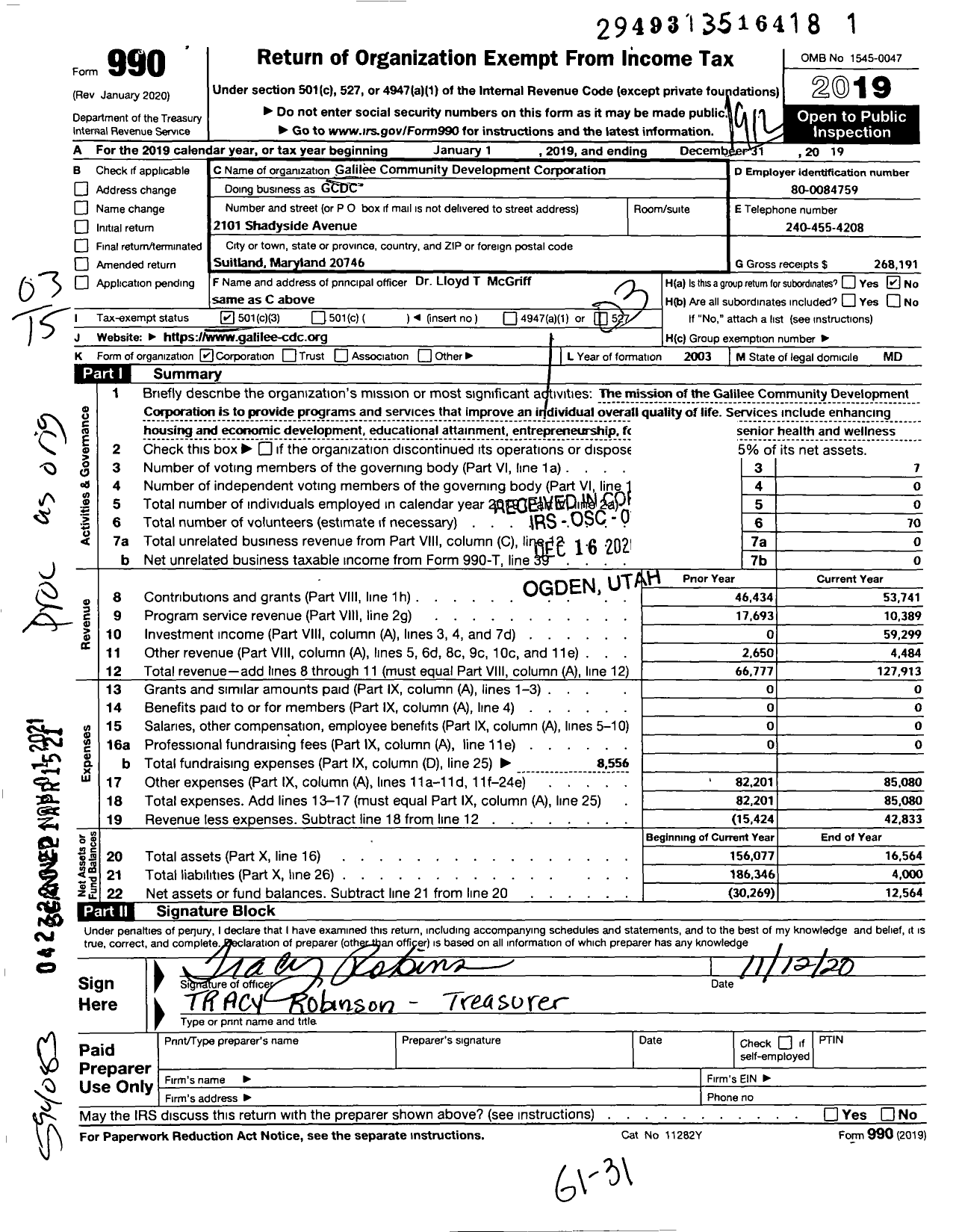 Image of first page of 2019 Form 990 for Galilee Community Development Corporation