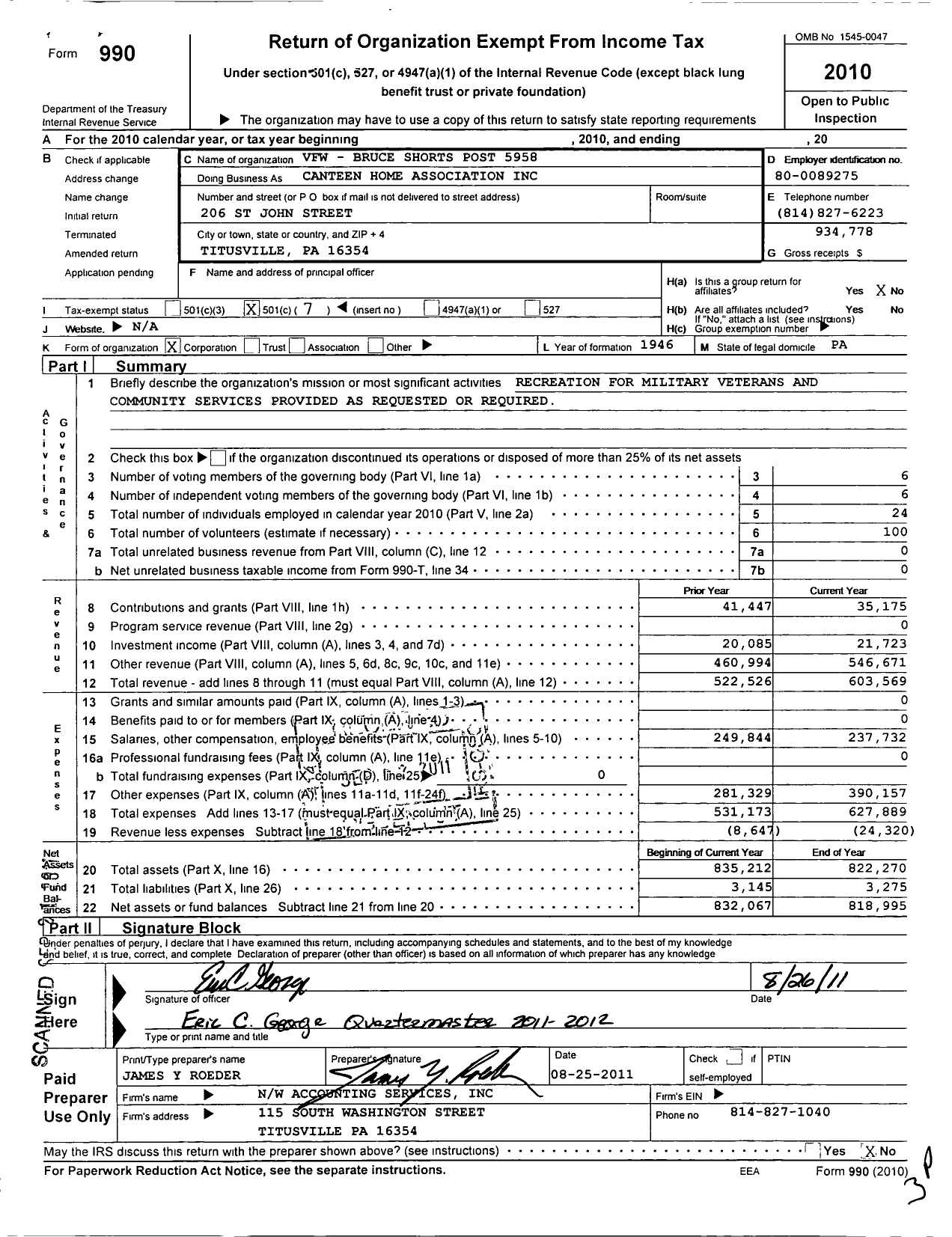 Image of first page of 2010 Form 990O for VFW Department of Pennsylvania - Canteen Home Association