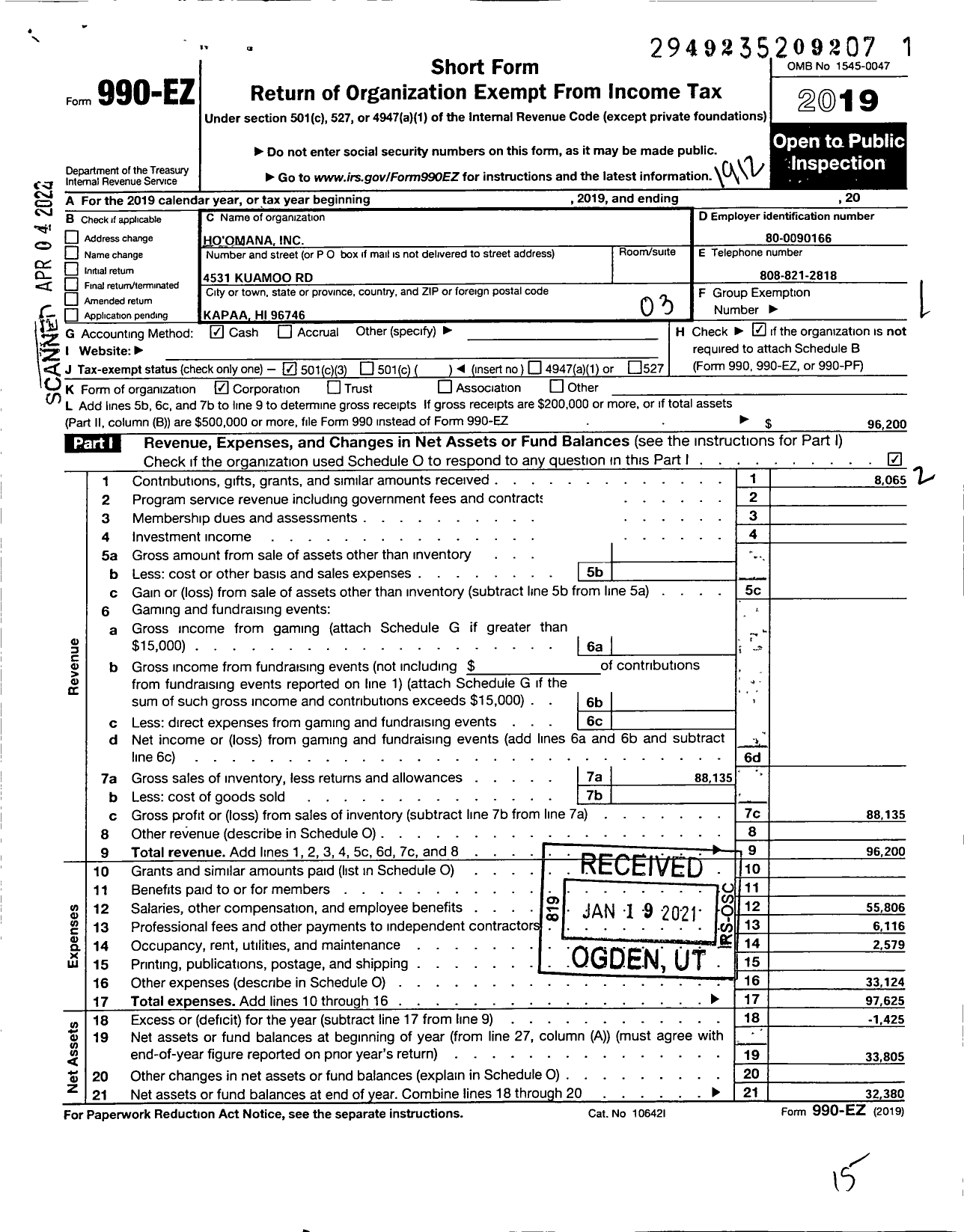 Image of first page of 2019 Form 990EZ for Ho'Omana