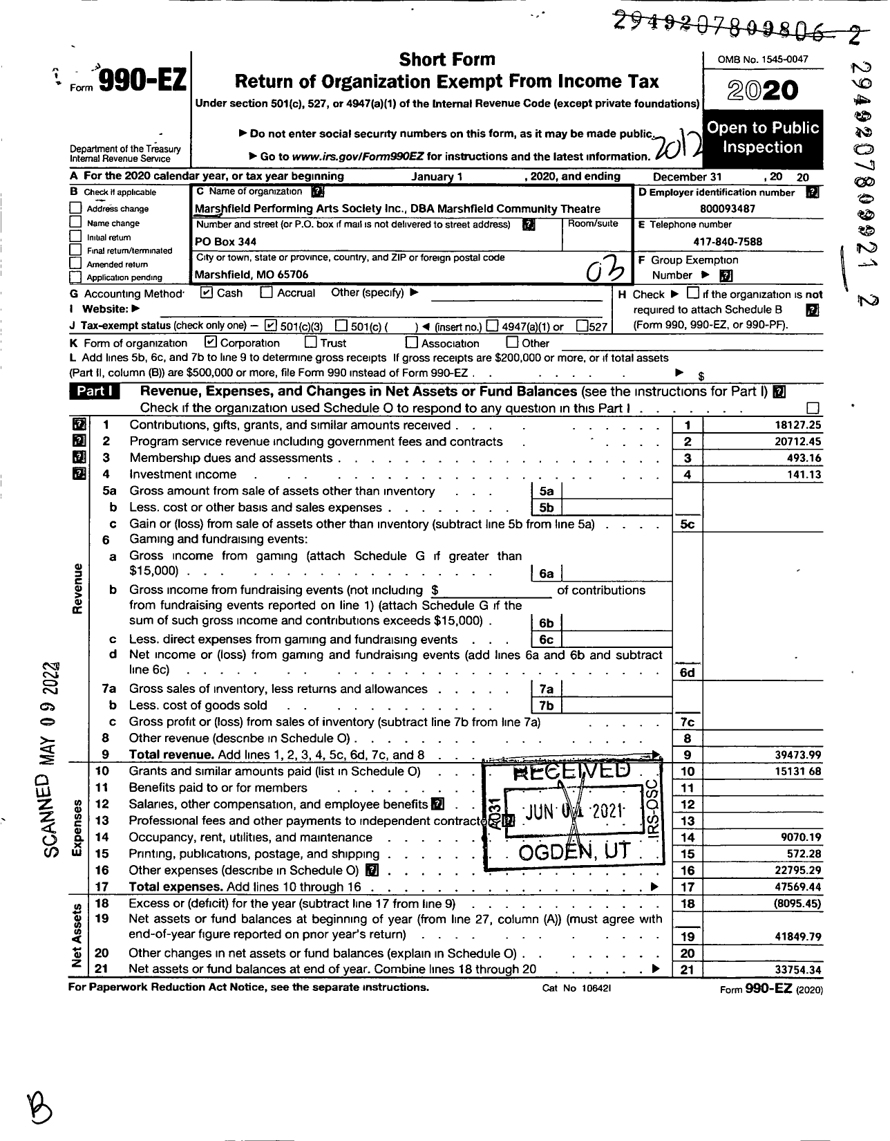 Image of first page of 2020 Form 990EZ for Marshfield Performing Arts Society