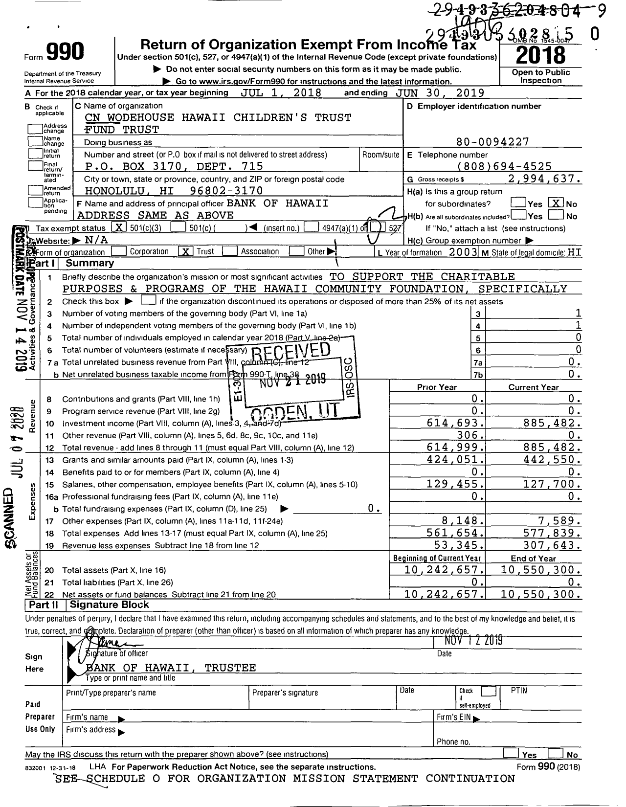 Image of first page of 2018 Form 990 for CN N Wodehouse Hawaii Children's Trust