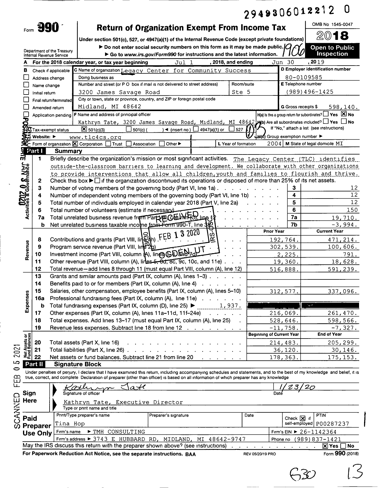 Image of first page of 2018 Form 990 for Legacy Center for Community Success