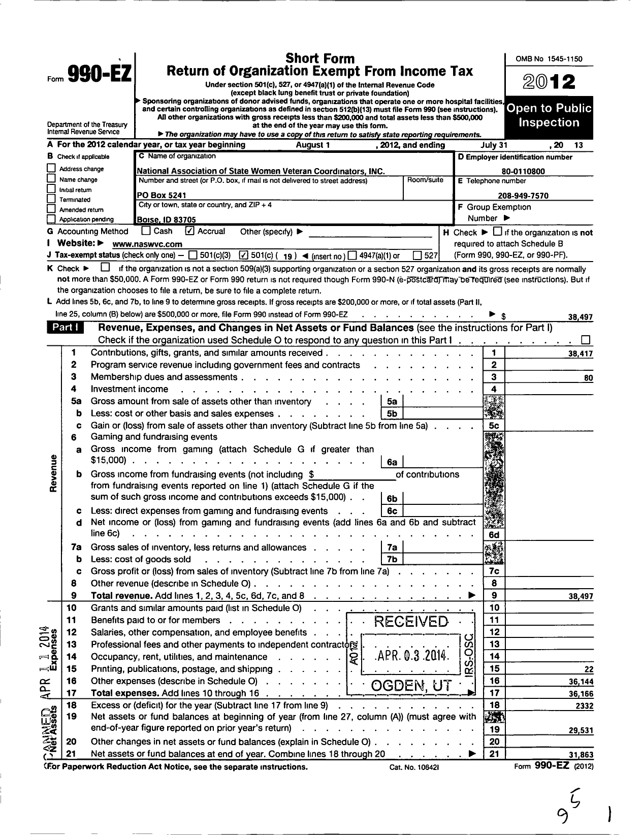 Image of first page of 2012 Form 990EO for National Association State Women Veterans Coordinators