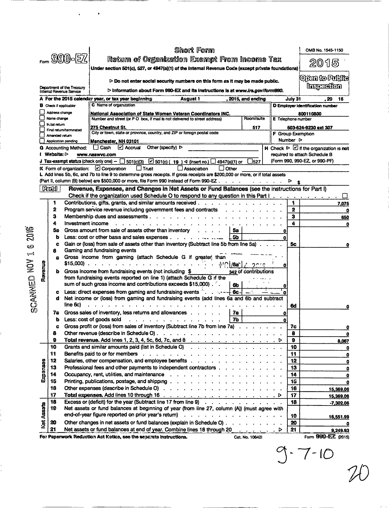 Image of first page of 2015 Form 990EO for National Association State Women Veterans Coordinators