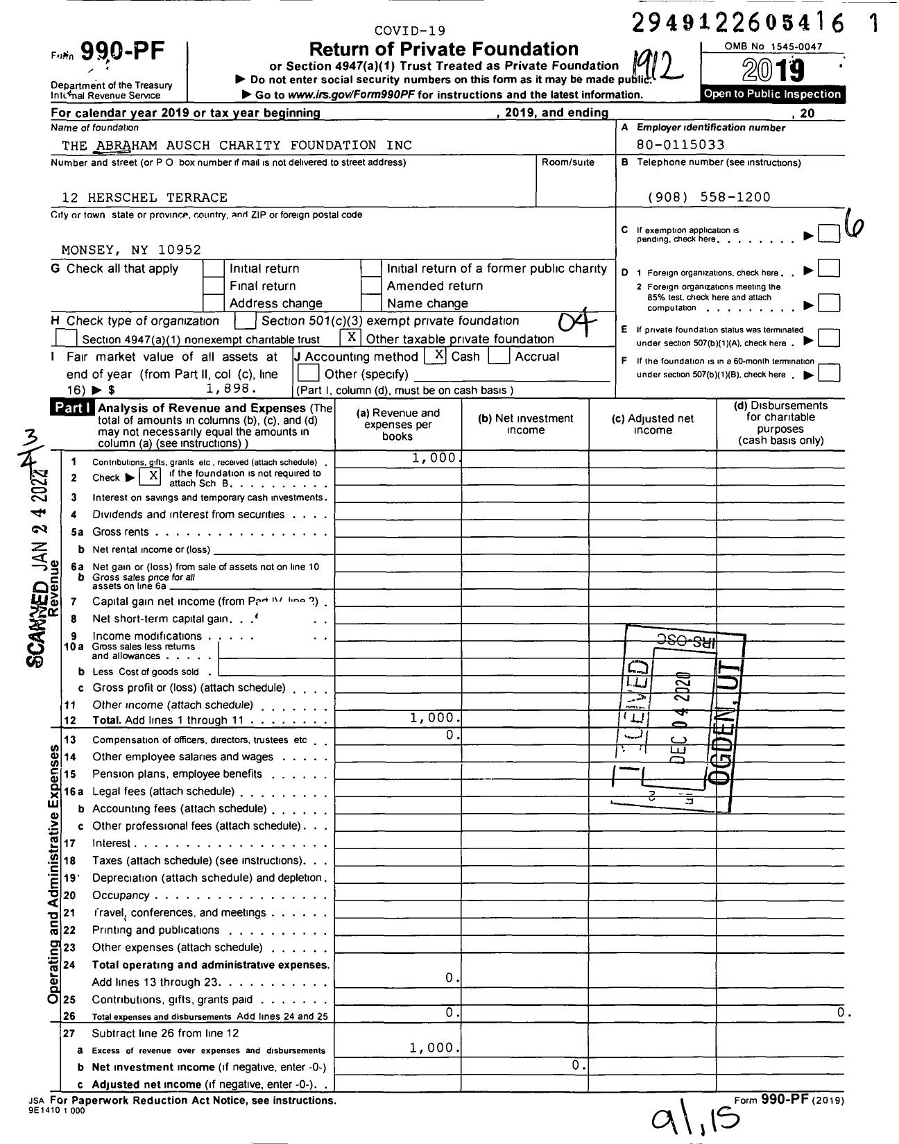 Image of first page of 2019 Form 990PF for The Abraham Ausch Charity Foundation