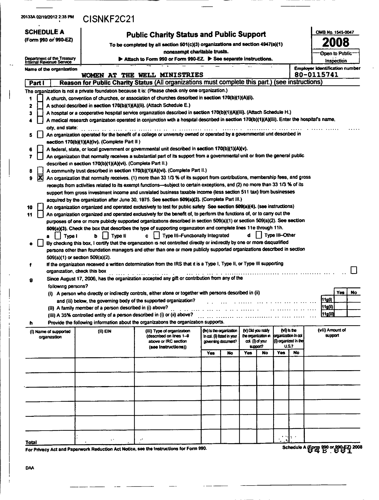 Image of first page of 2008 Form 990R for Women at the Well Ministries / All About Learning