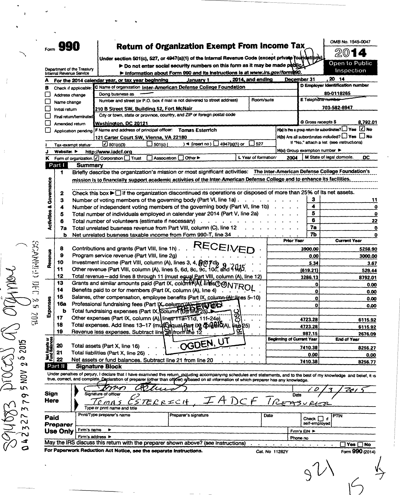 Image of first page of 2014 Form 990 for Inter-American Defense College Foundation