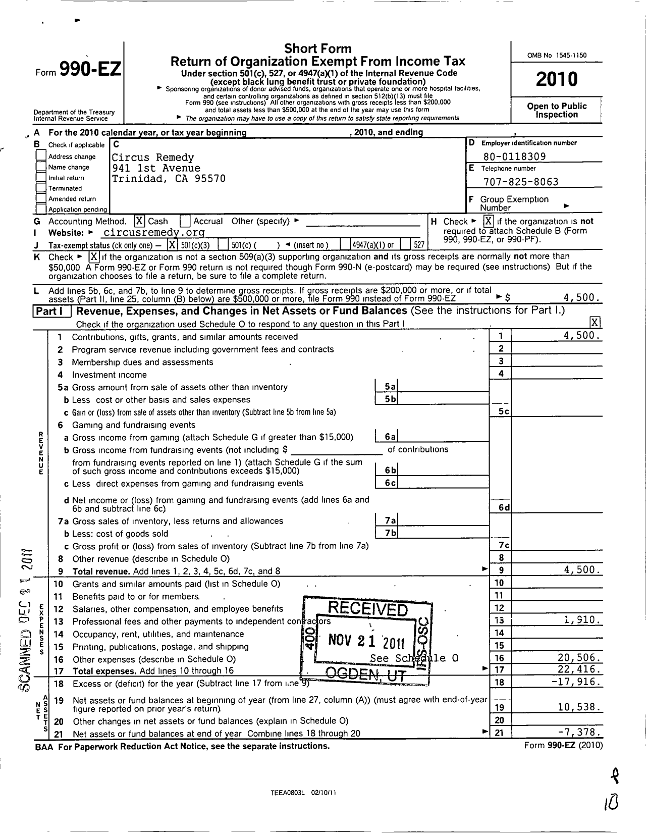 Image of first page of 2010 Form 990EZ for Circus Remedy