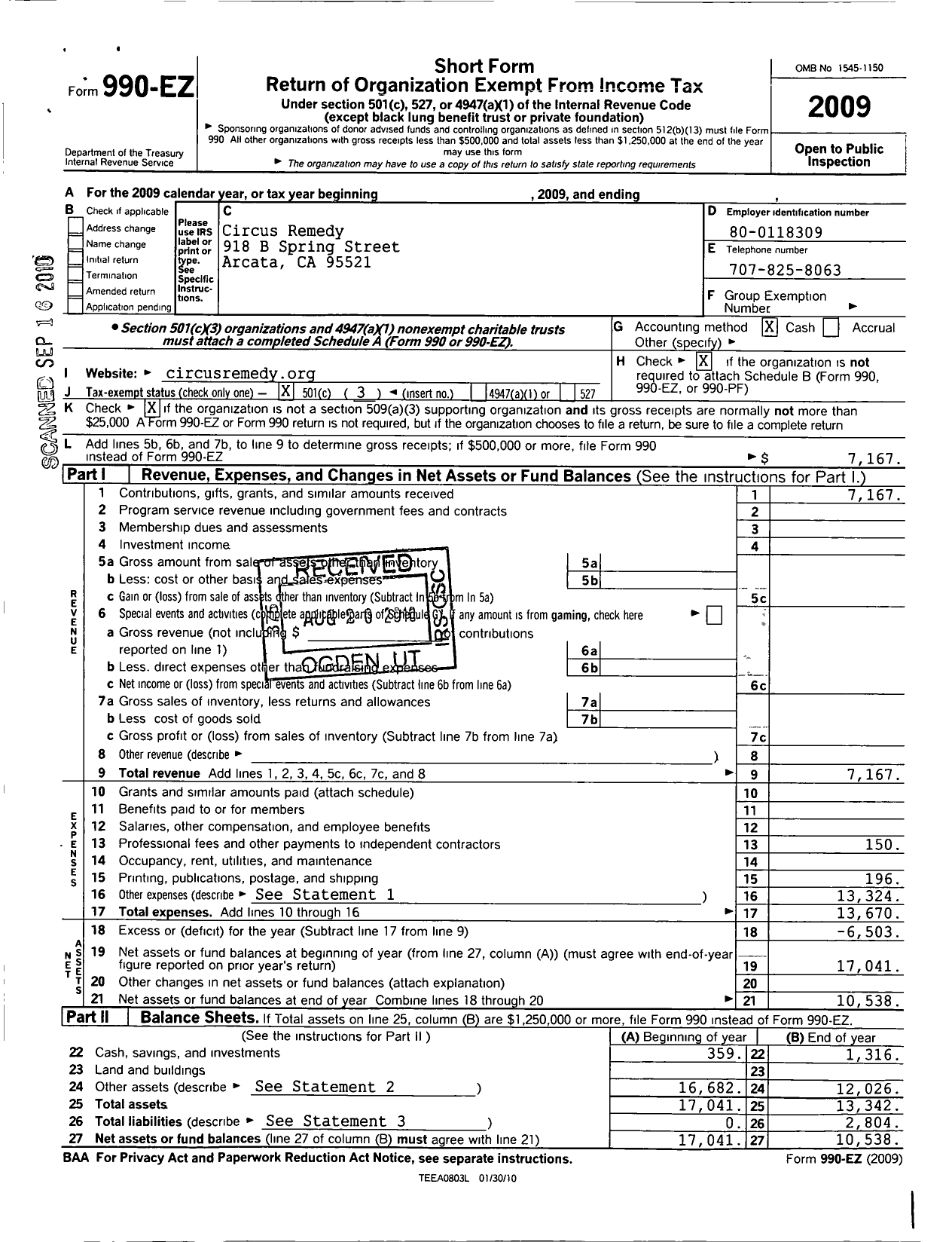 Image of first page of 2009 Form 990EZ for Circus Remedy