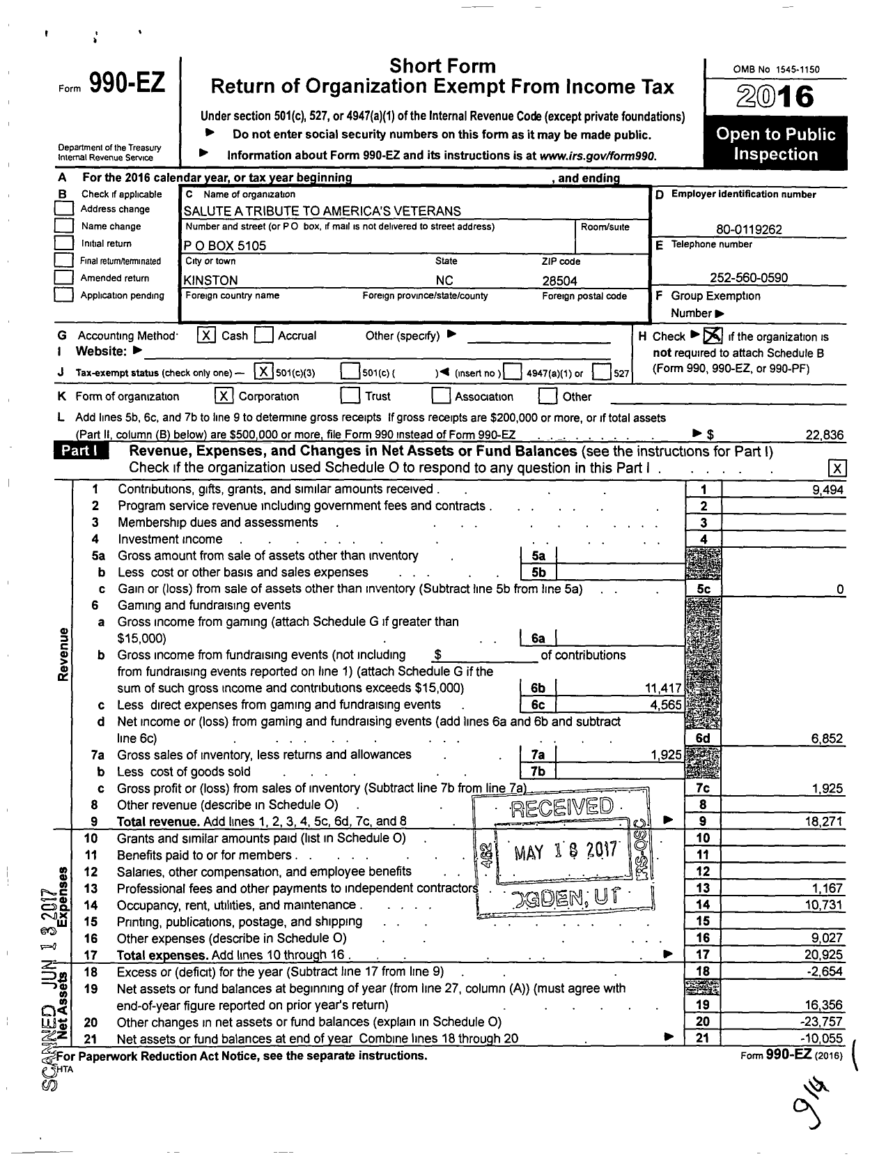 Image of first page of 2016 Form 990EZ for Salute A Tribute To America's Veterans