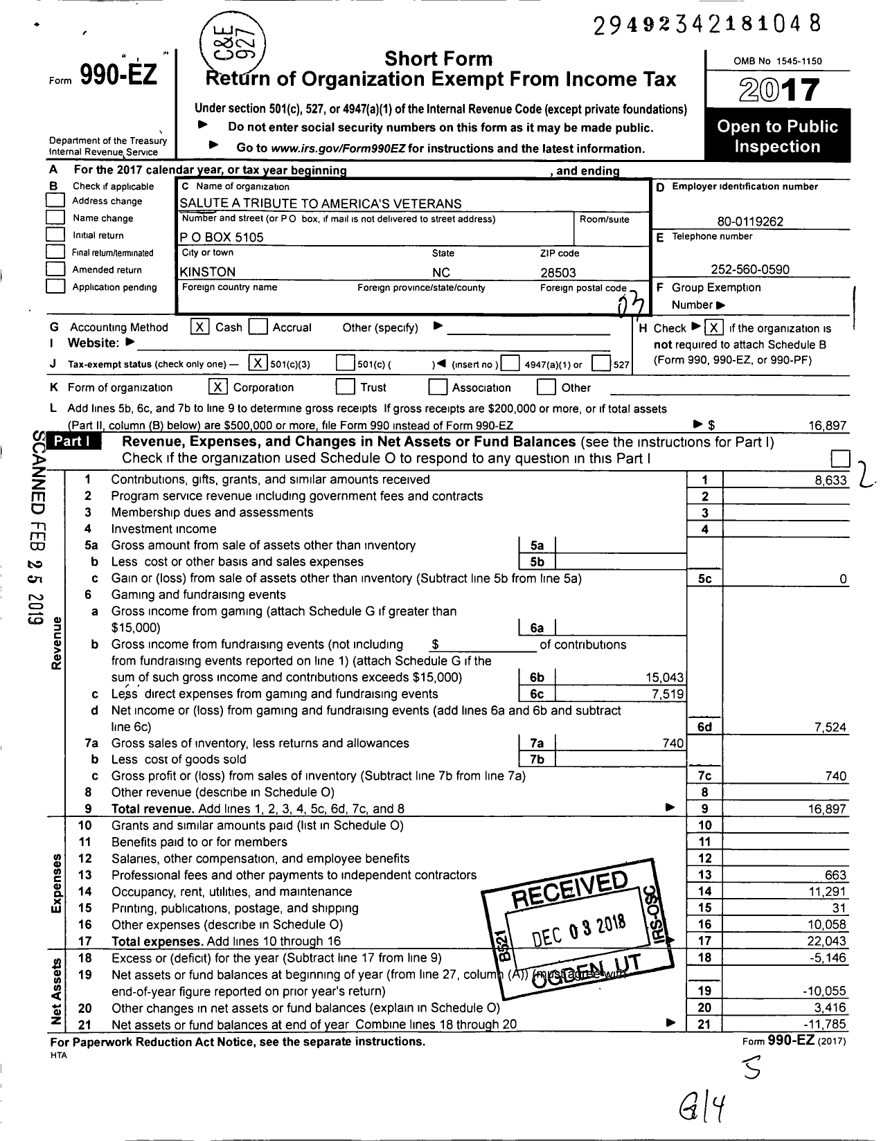 Image of first page of 2017 Form 990EZ for Salute A Tribute To America's Veterans