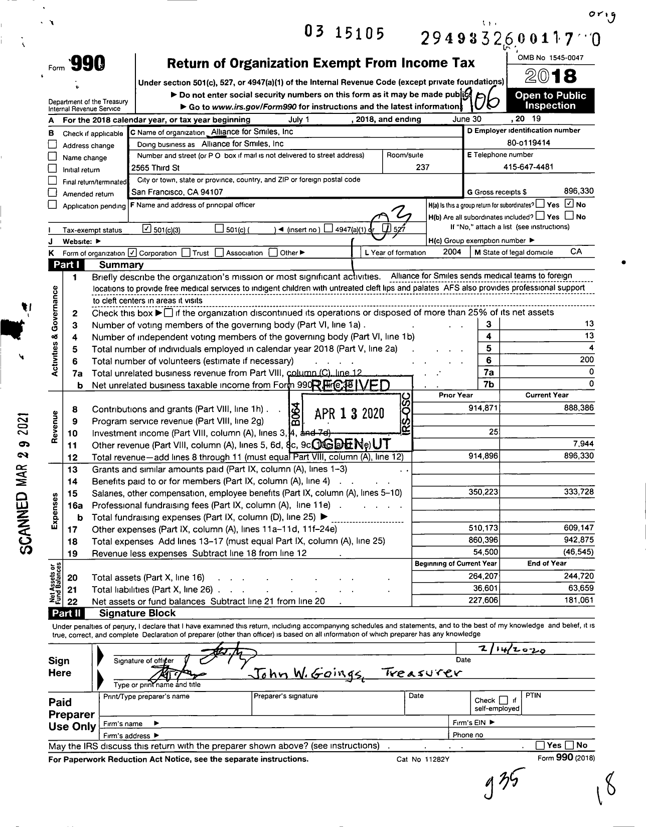 Image of first page of 2018 Form 990 for Alliance for Smiles International