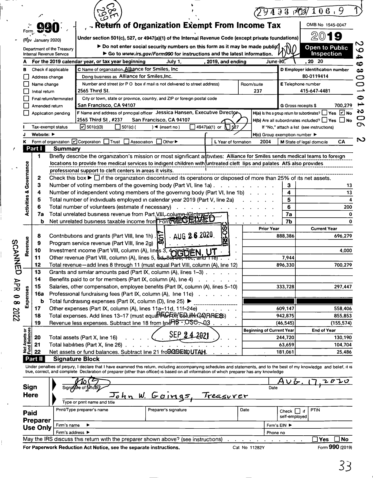 Image of first page of 2019 Form 990 for Alliance for Smiles International