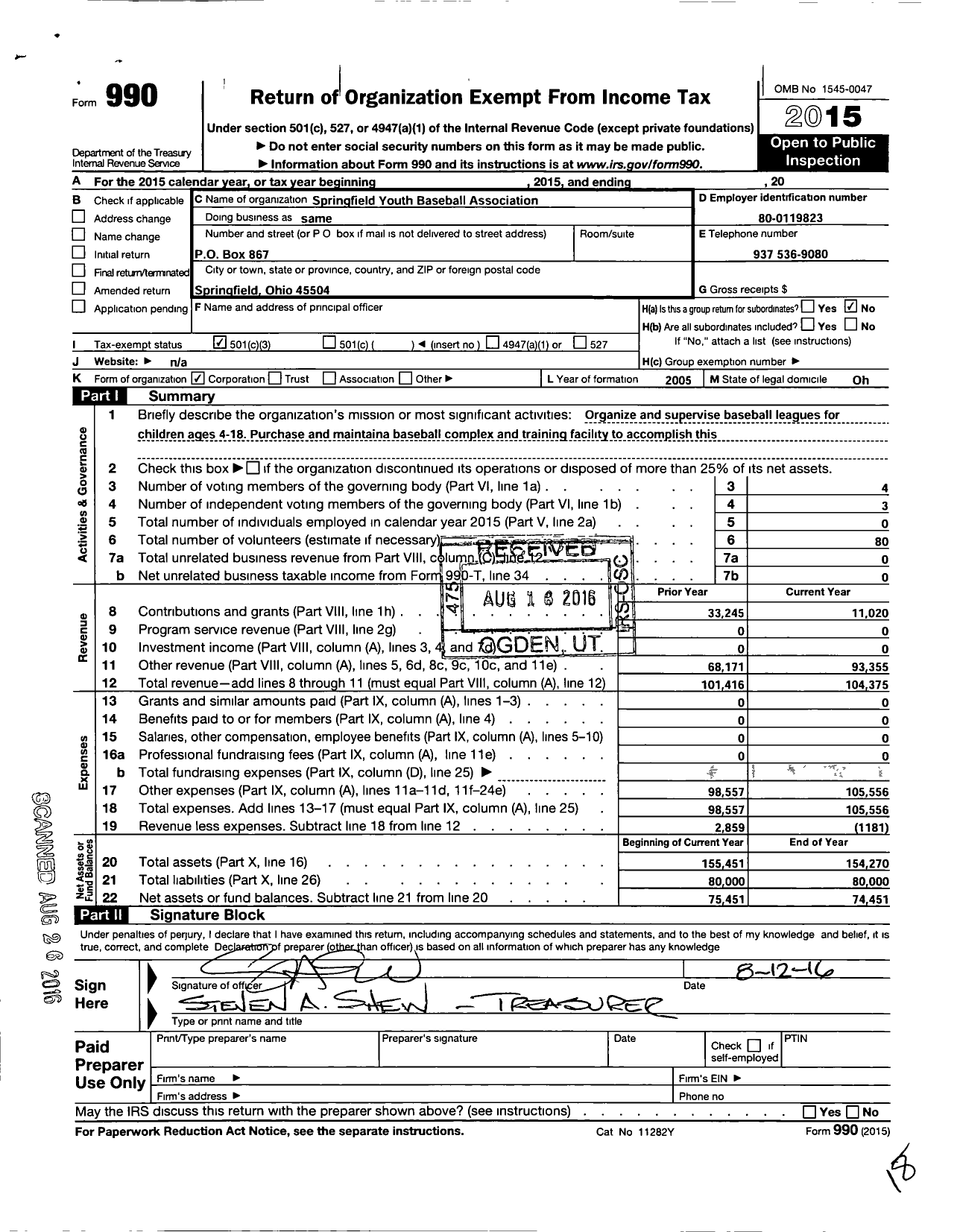 Image of first page of 2015 Form 990 for Springfield Youth Baseball Association