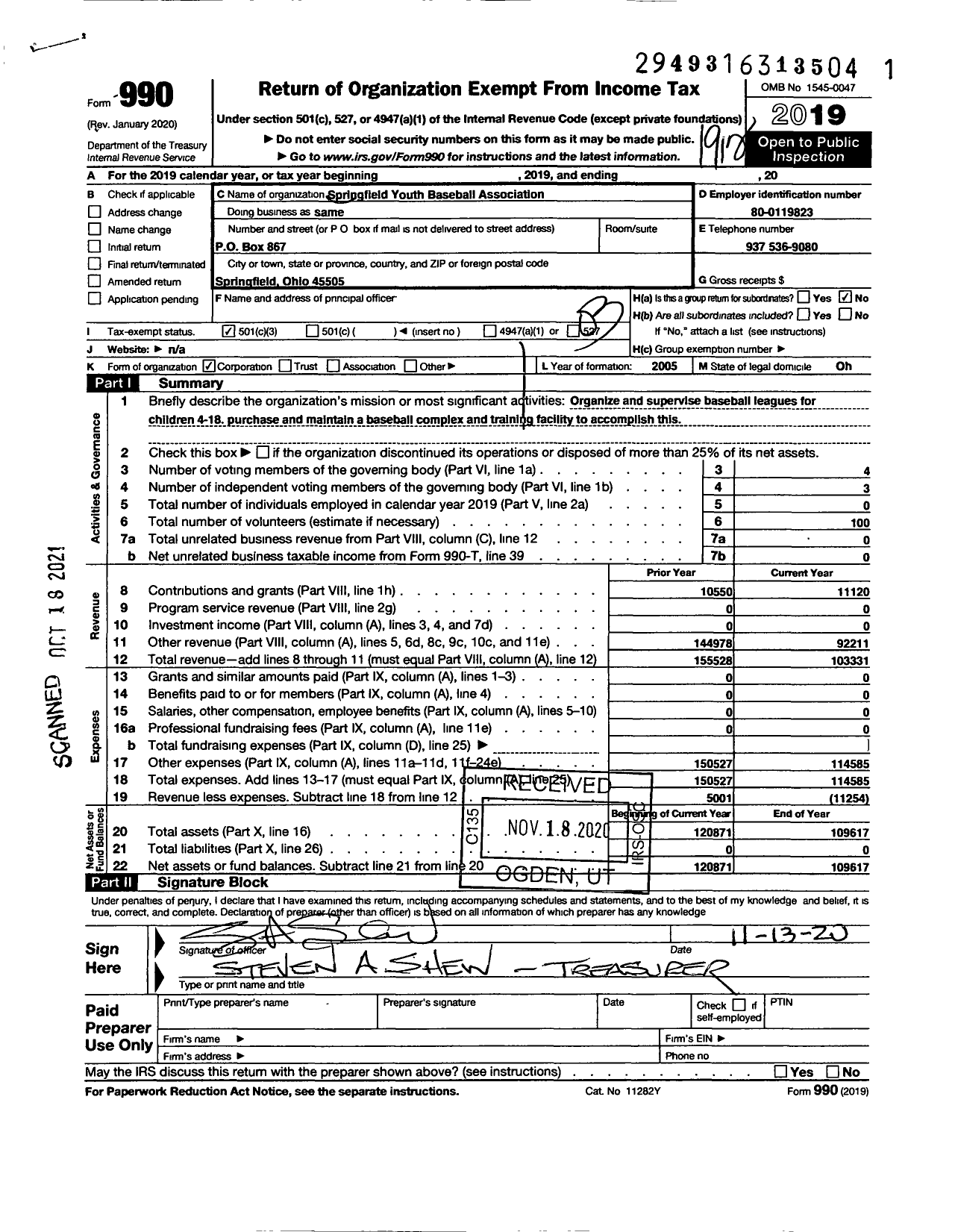 Image of first page of 2019 Form 990 for Springfield Youth Baseball Association