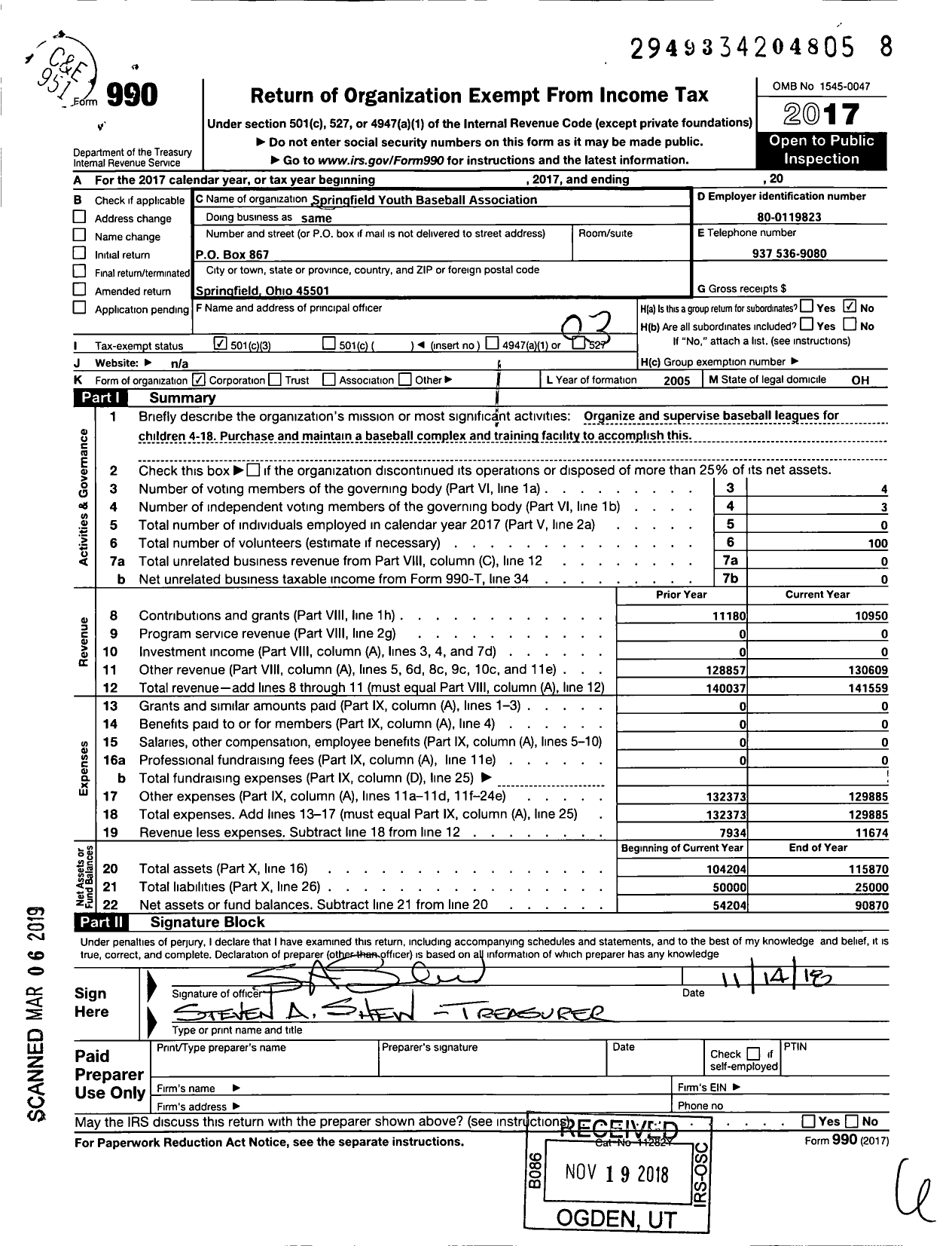 Image of first page of 2017 Form 990 for Springfield Youth Baseball Association