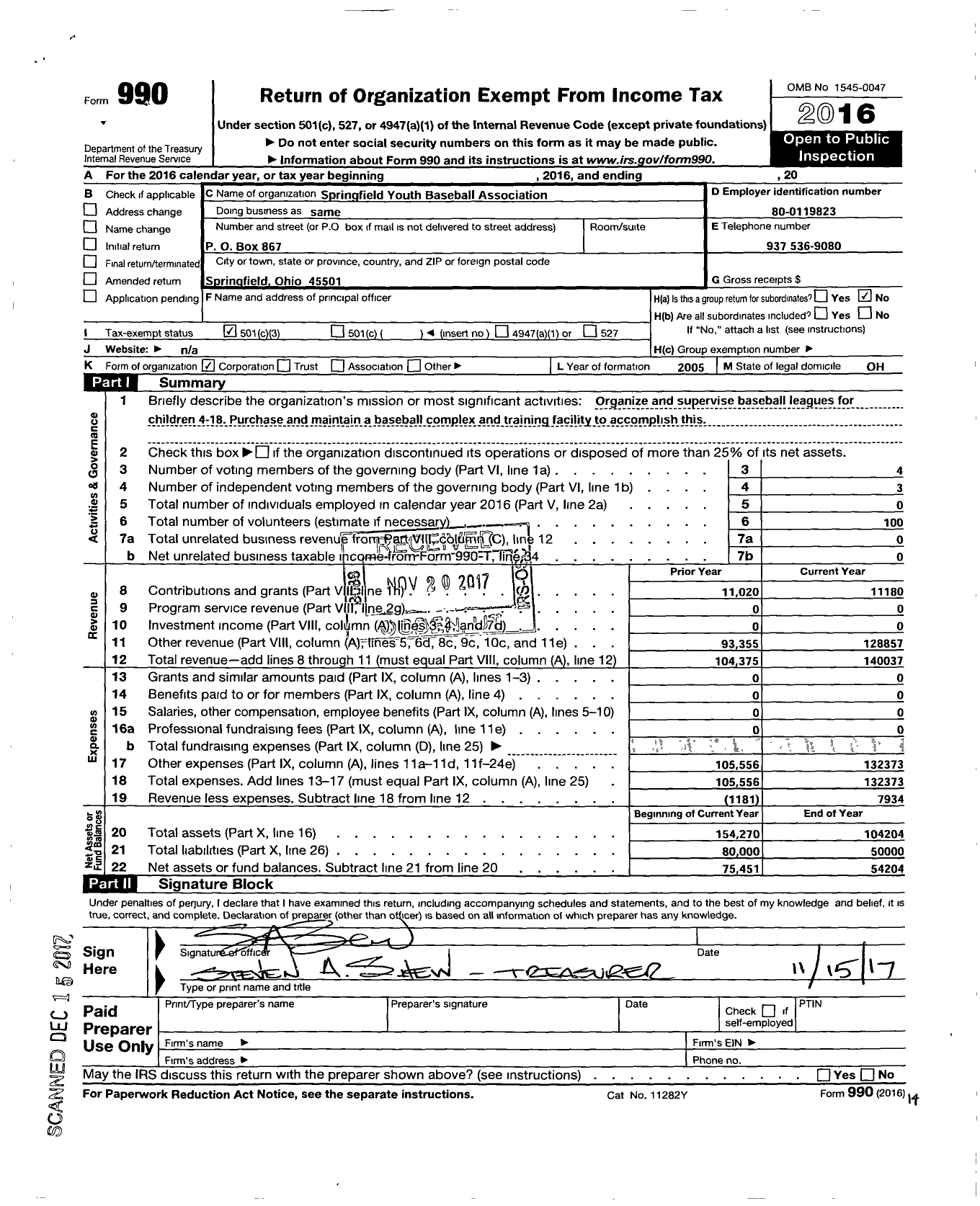 Image of first page of 2016 Form 990 for Springfield Youth Baseball Association