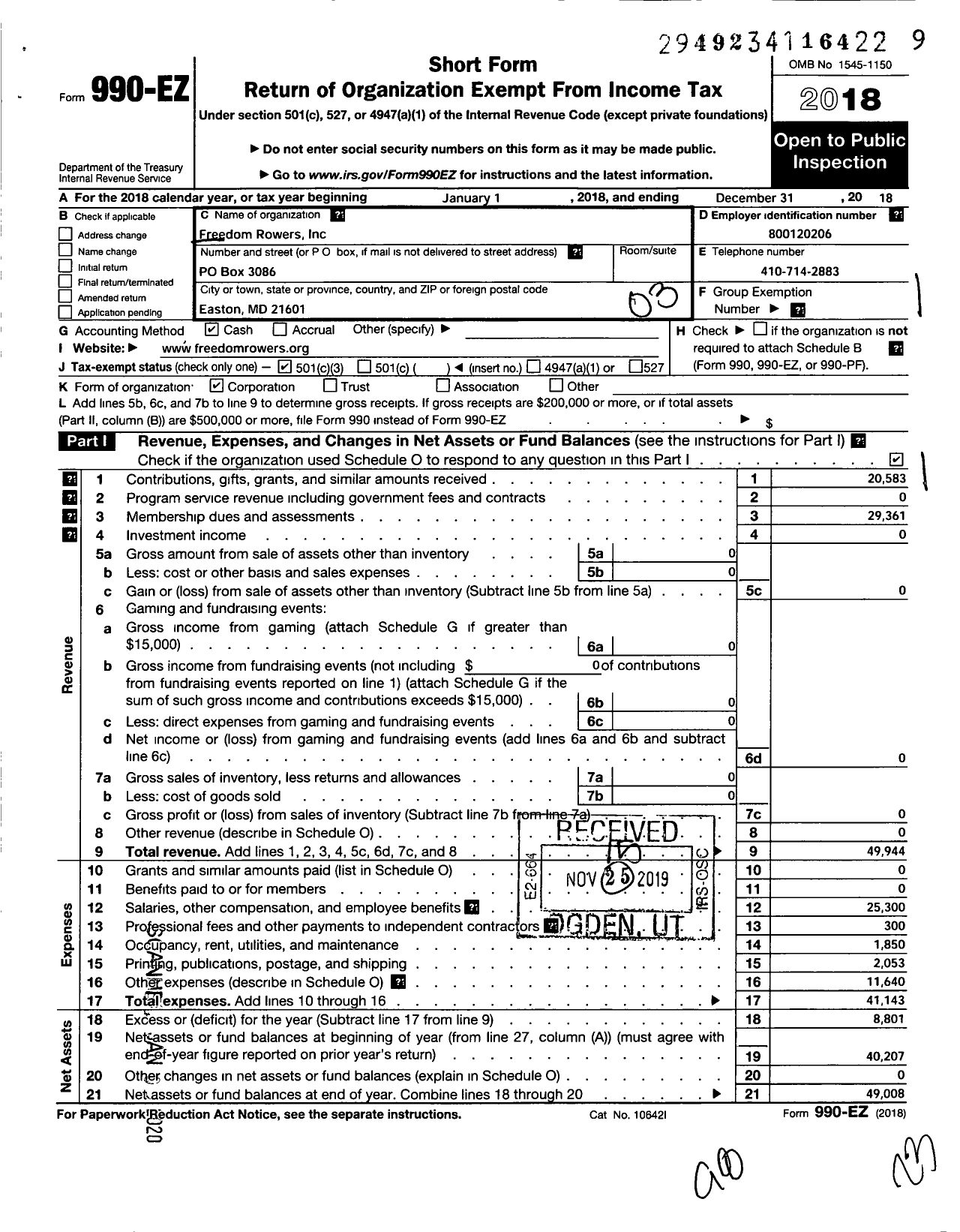 Image of first page of 2018 Form 990EZ for Freedom Rowers