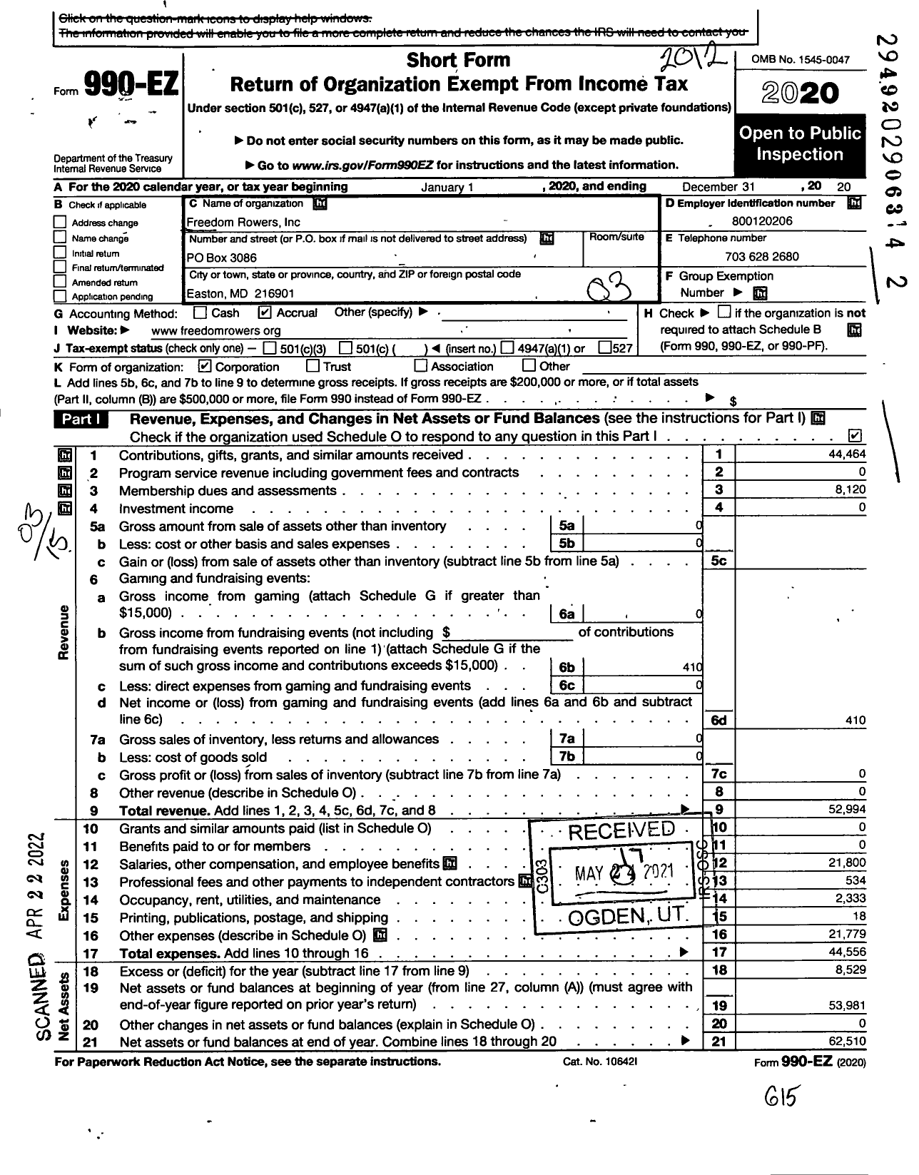 Image of first page of 2020 Form 990EZ for Freedom Rowers