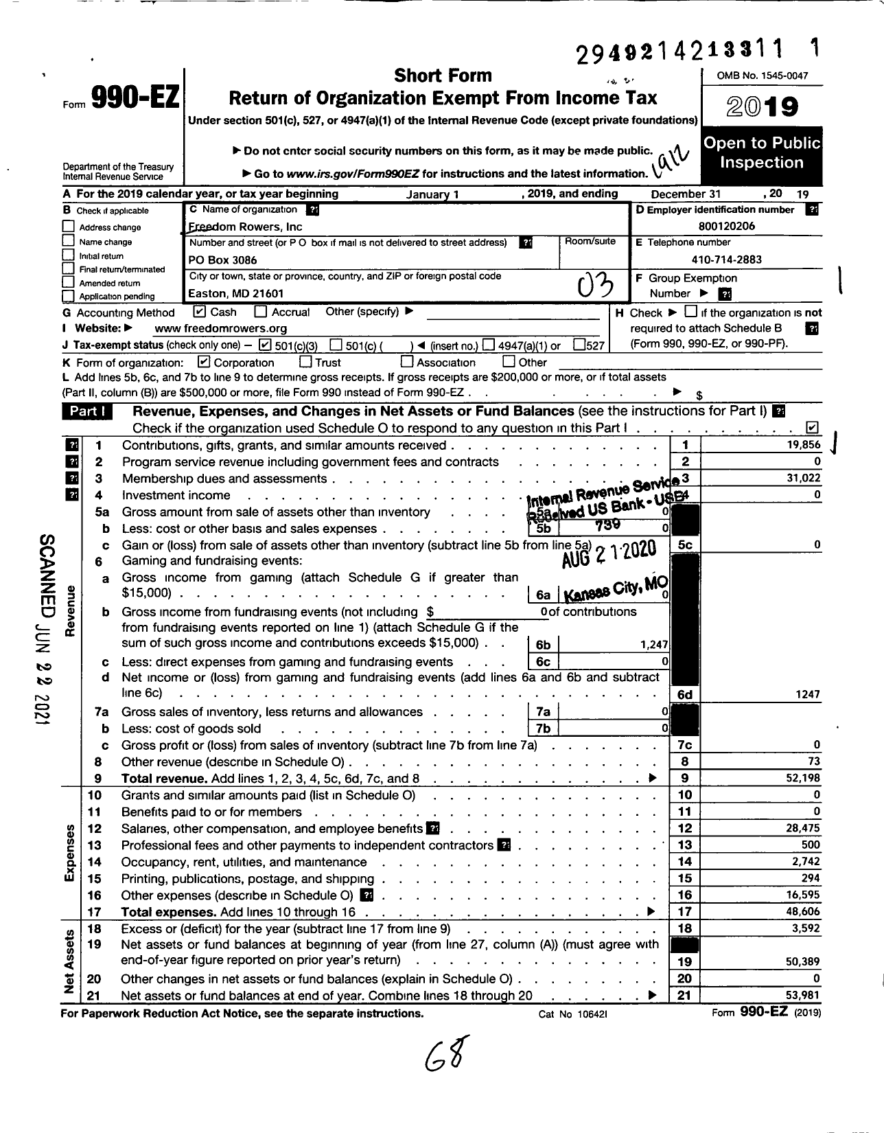 Image of first page of 2019 Form 990EZ for Freedom Rowers