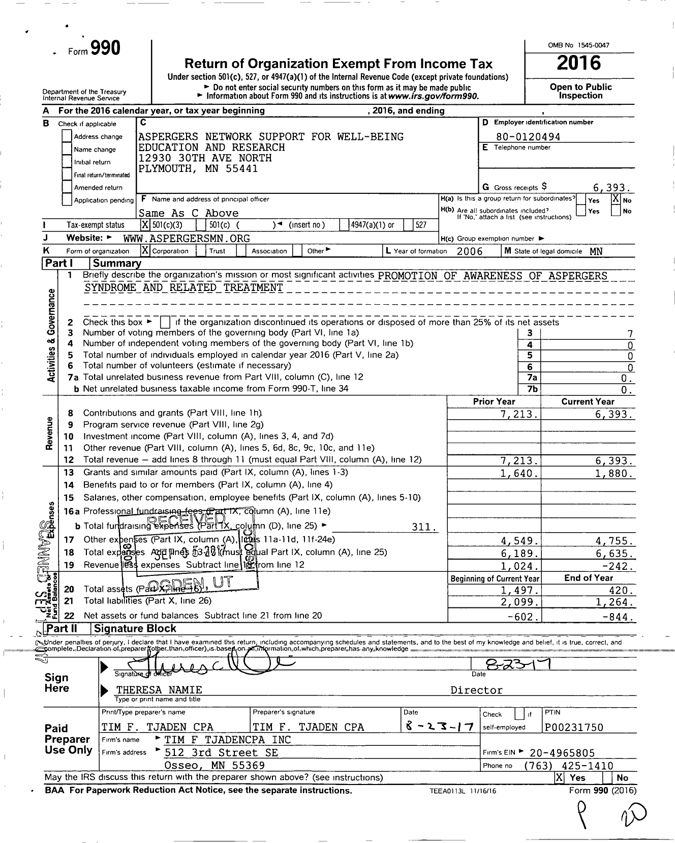 Image of first page of 2016 Form 990 for Aspergers Network Support for Well-Being Education and Research