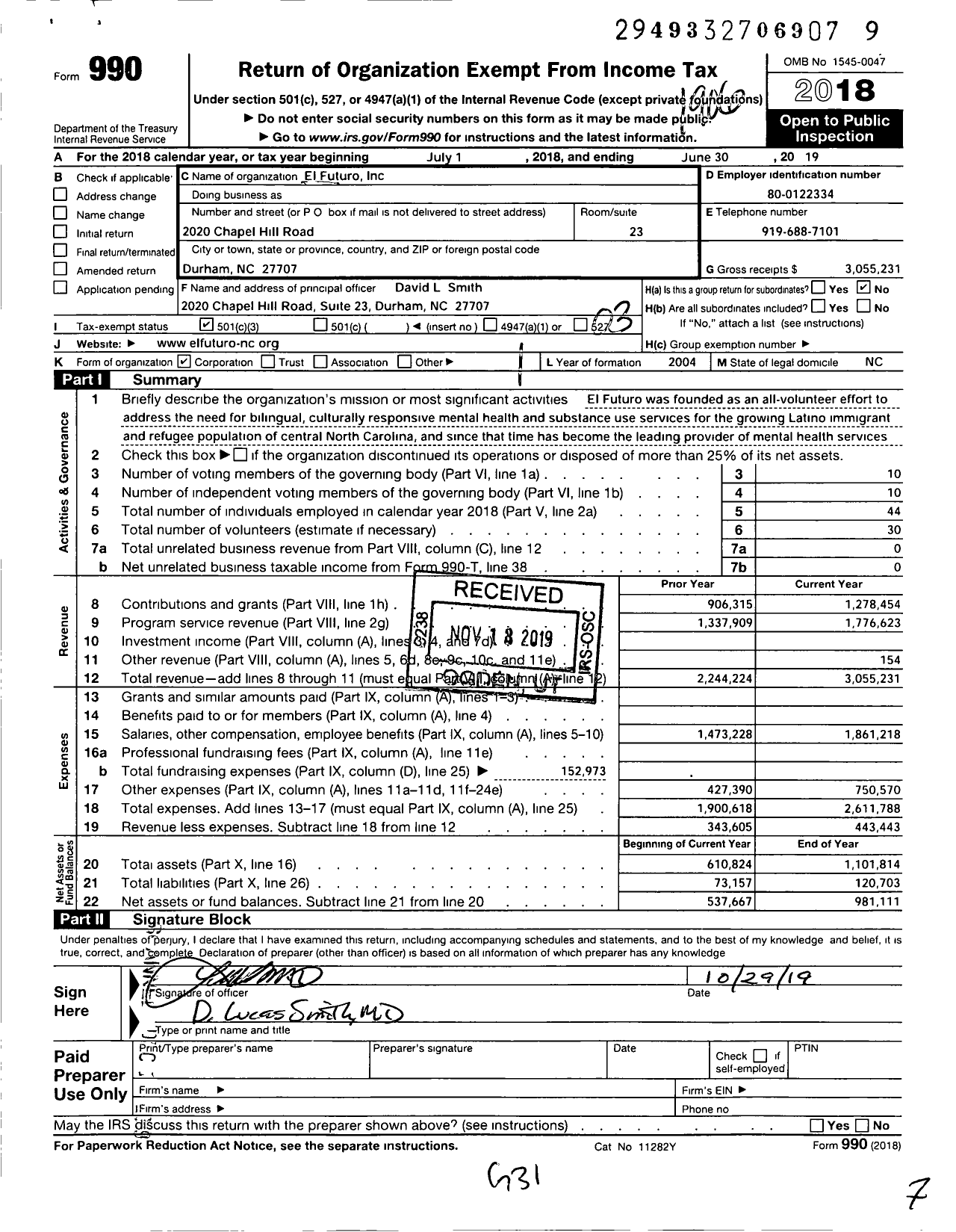 Image of first page of 2018 Form 990 for El Futuro