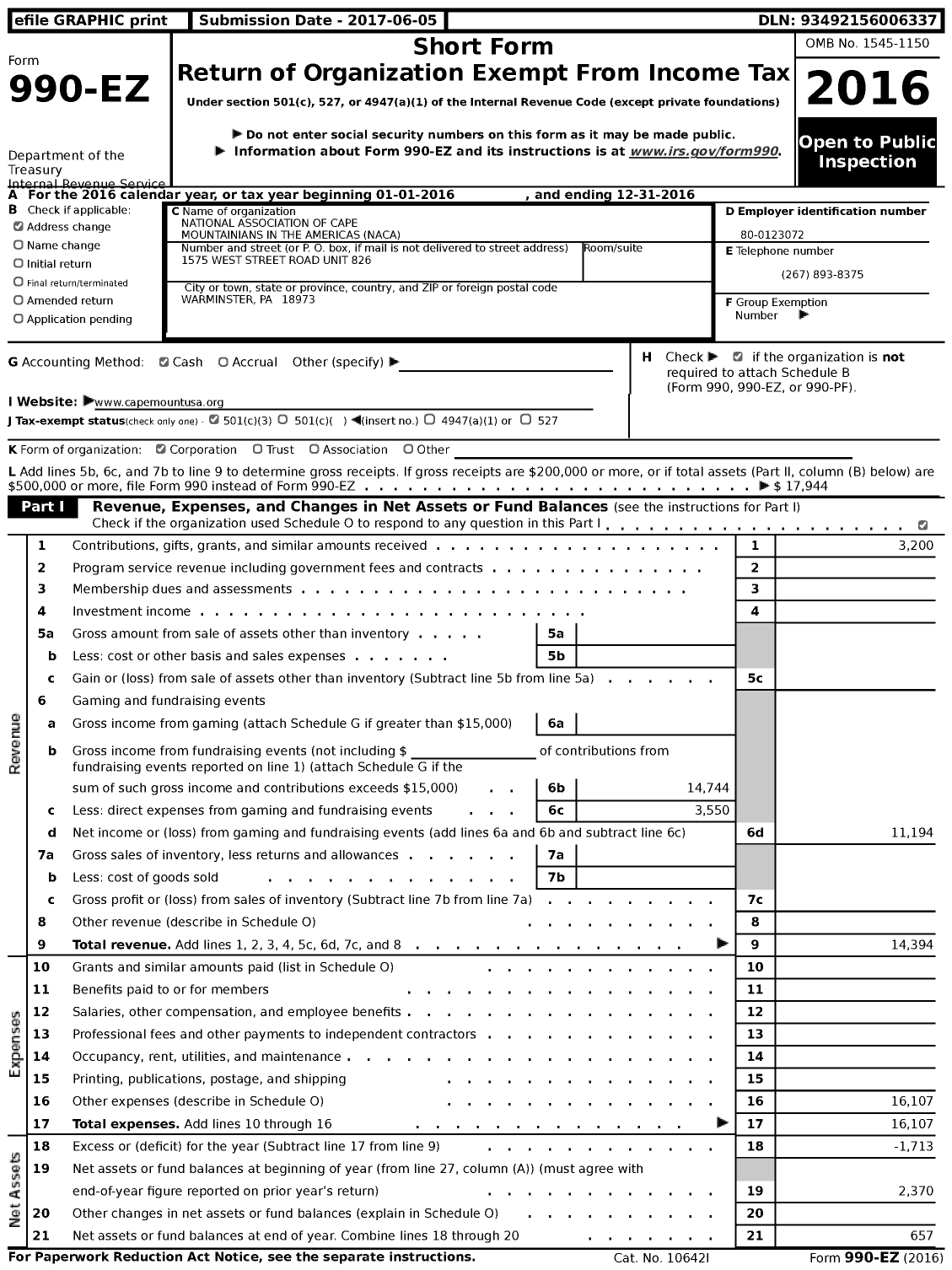 Image of first page of 2016 Form 990EZ for National Association of Cape Mountainians in the Americas