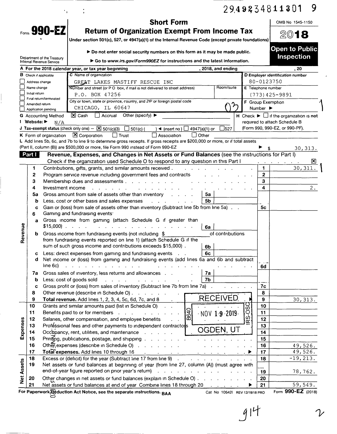 Image of first page of 2018 Form 990EZ for Great Lakes Mastiff Rescue